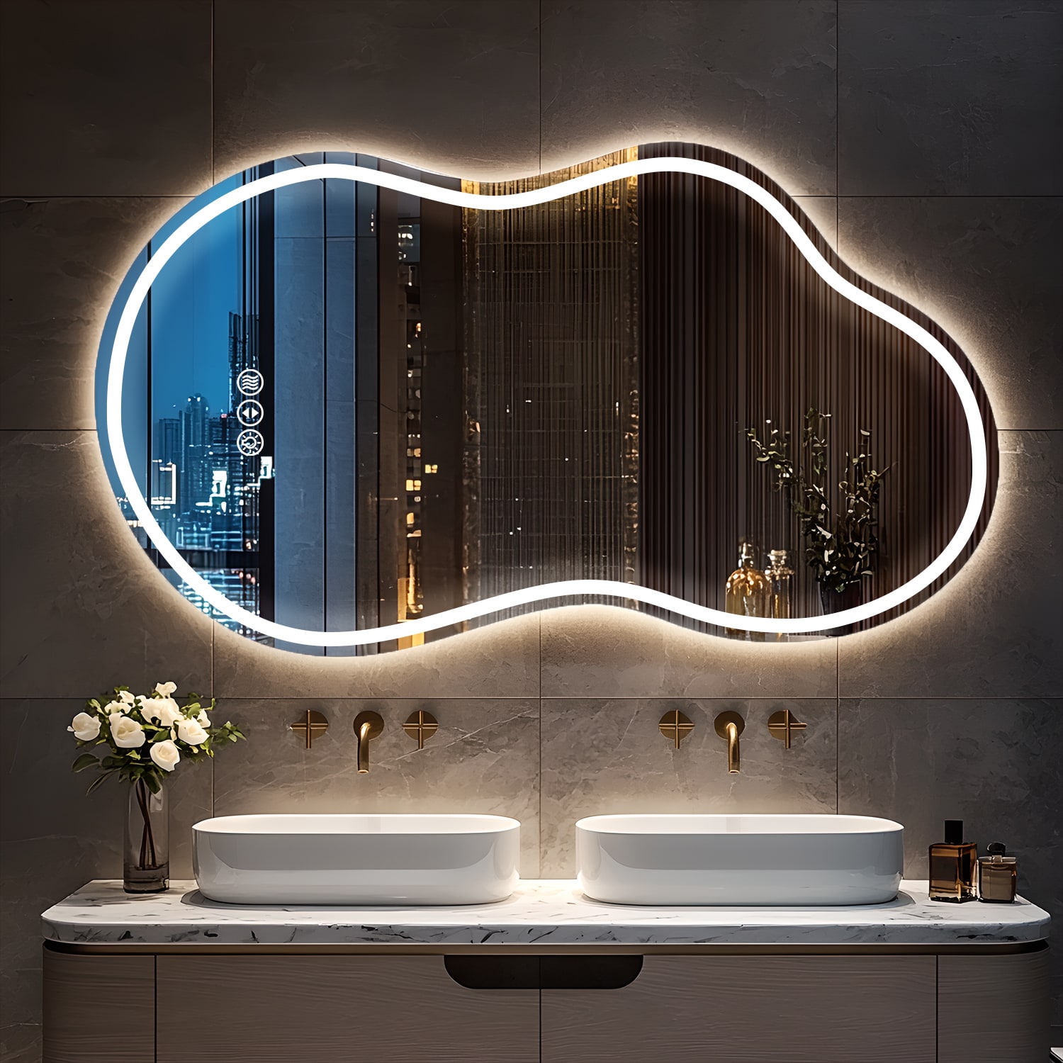 YQP 32x60 Inch UL ETL Certified Cloud Shaped Front + Back Lighted Anti-Fog Tempered Glass Irregular Bathroom Mirror