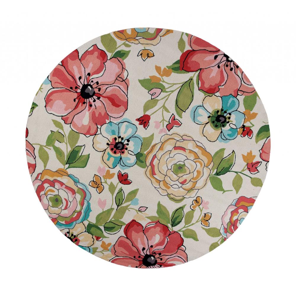 HomeRoots 353078 Bernadette 7 x 7 (ft) Rag Polyester Sand beige Round Indoor Floral/Botanical Area rug