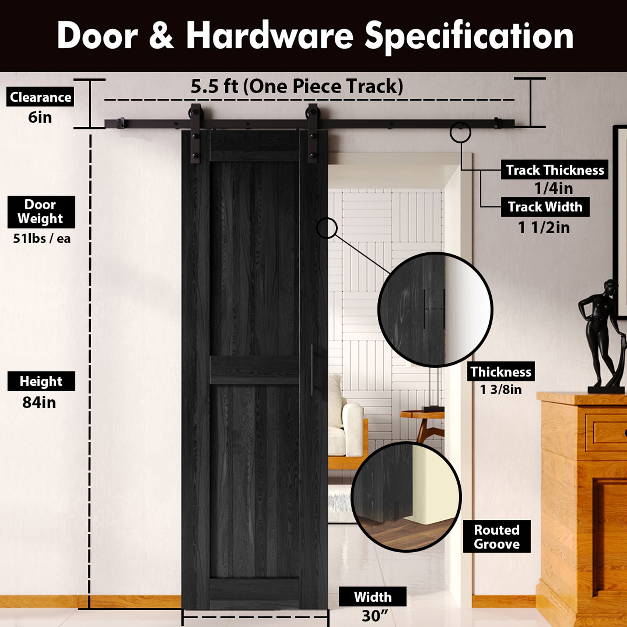 HOMACER YT1TGH066C-3084-H-BK Barn-Doors - View #2