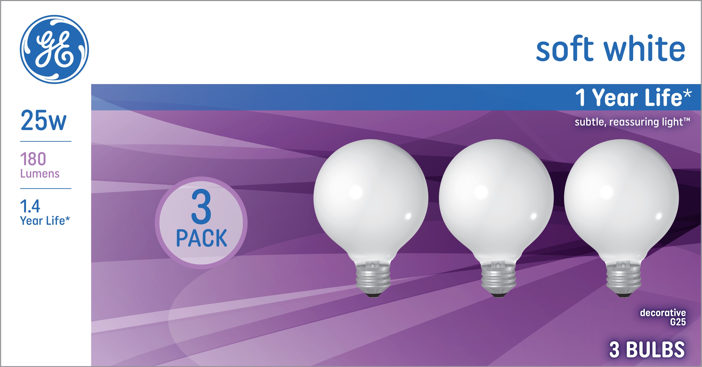 GE Classic G25 Soft White Medium Dimmable Light Bulb 3 Pack in