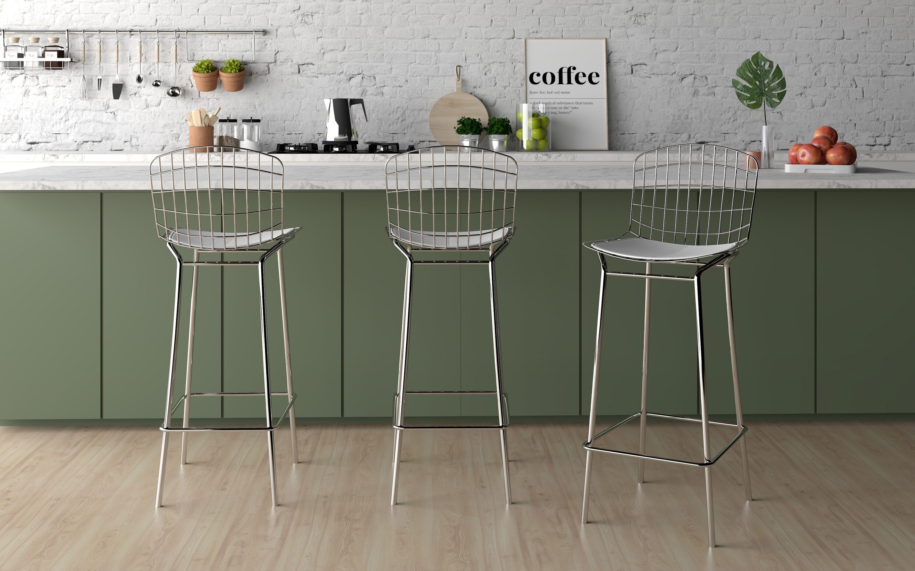 Manhattan Comfort 3-198AMC2 Madeline 3 -Set Silver and White 27.95-in H Counter height Bucket seat Metal Bar Stool and Back