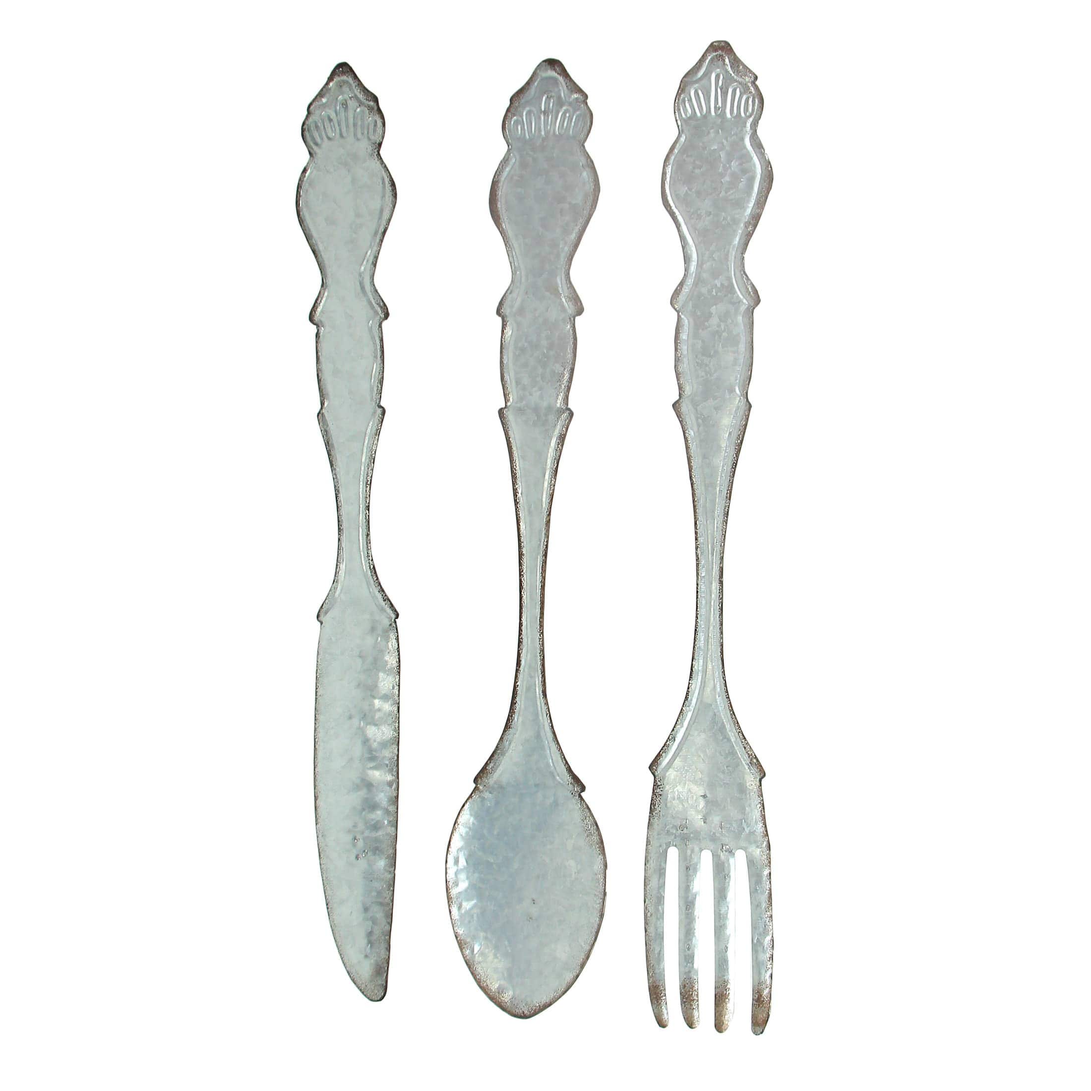Zeckos ZKO-39213 Galvanized Grey Metal Fork- Spoon- and Knife Farmhouse Kitchen Decor Wall Hanging Set - 31 Inches High - Transform Your Dining Space with Vintage Appeal