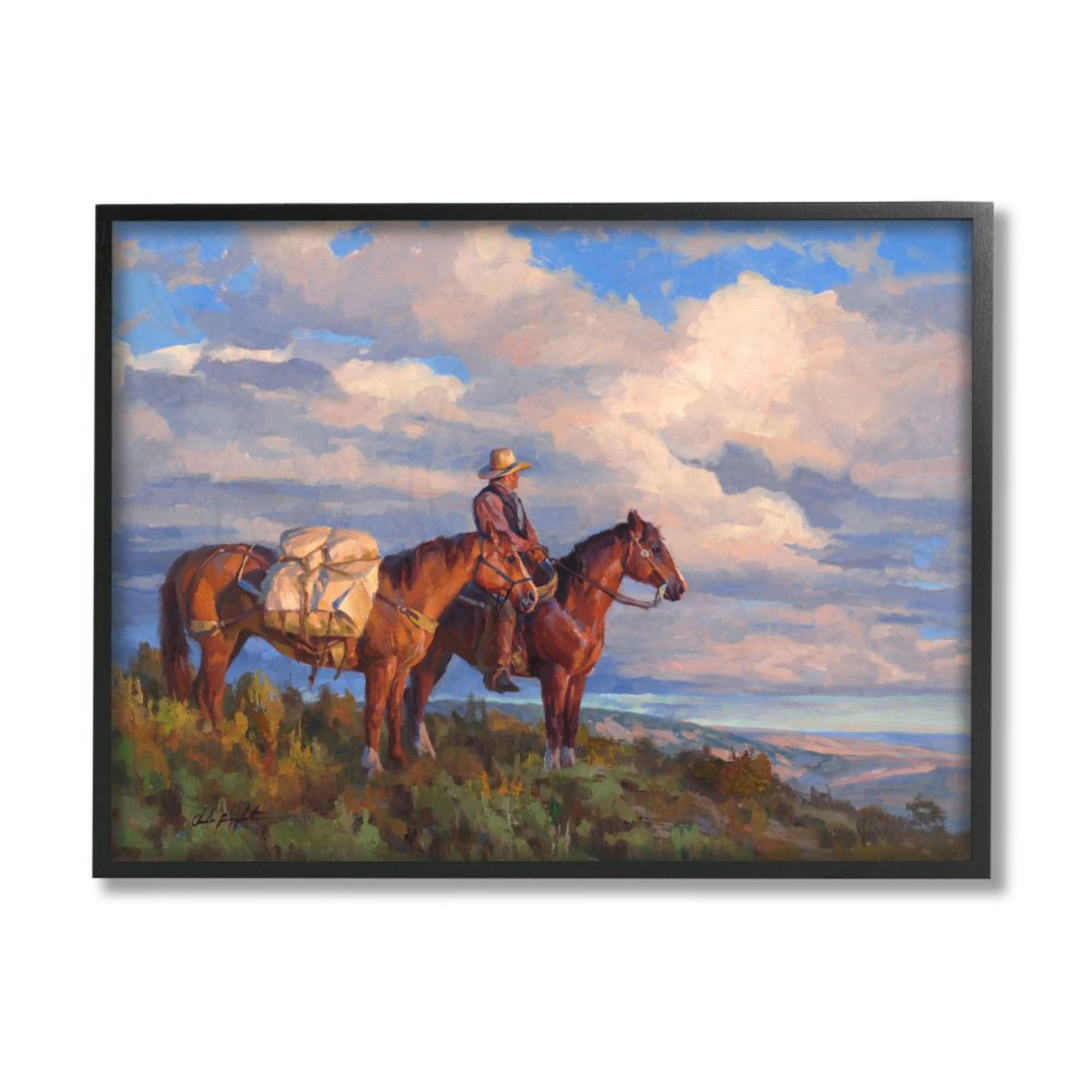 Stupell Industries AC-022-FR-11X14 Cowboy with Horses Countryside Hill Top Chad Poppleton Framed 14-in H x 11-in W People Print