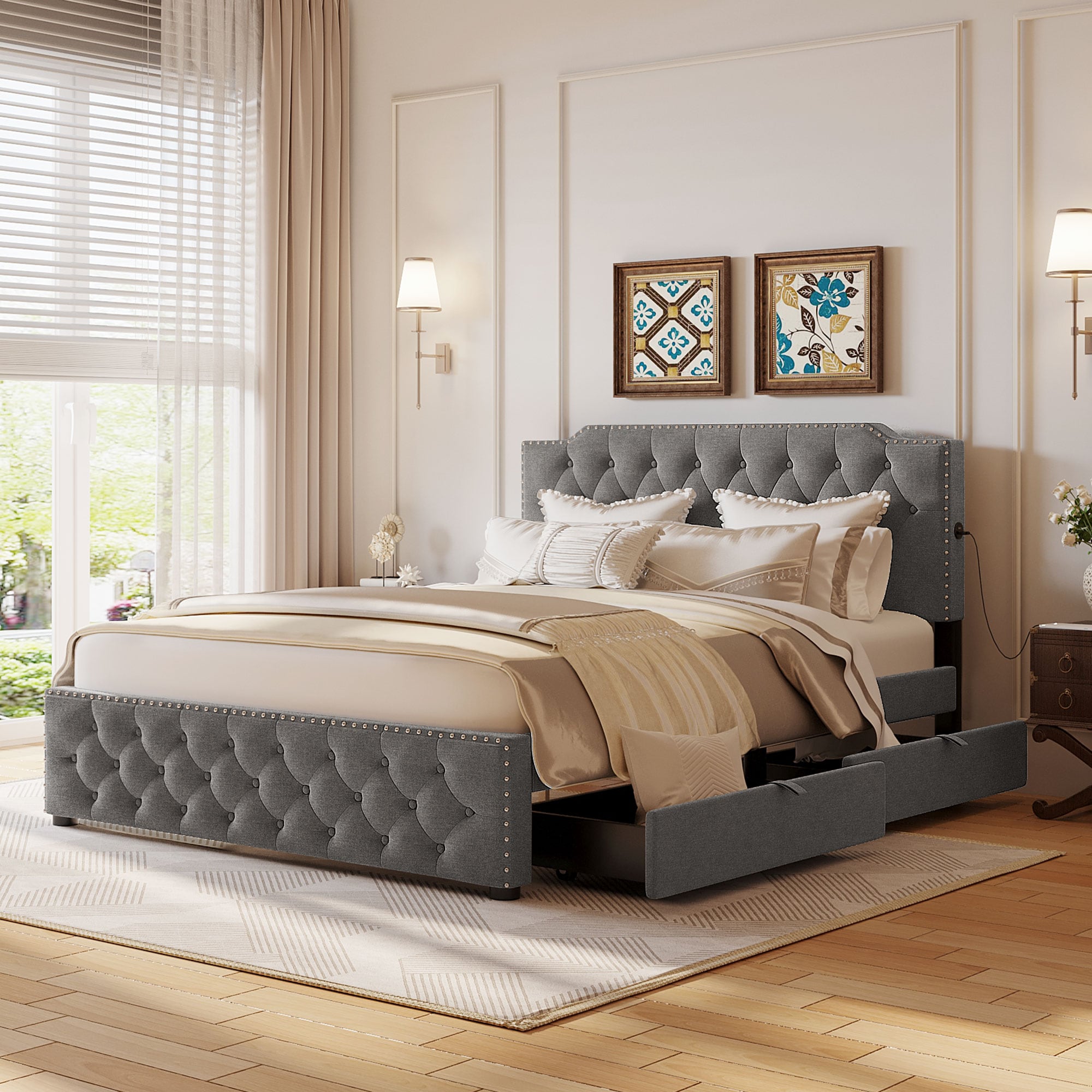 ModernLuxe L3P-SF000041AAE Queen Size Upholstered Platform Bed with 2 Drawers and 2 sets of USB Ports on each side Linen Fabric Gray