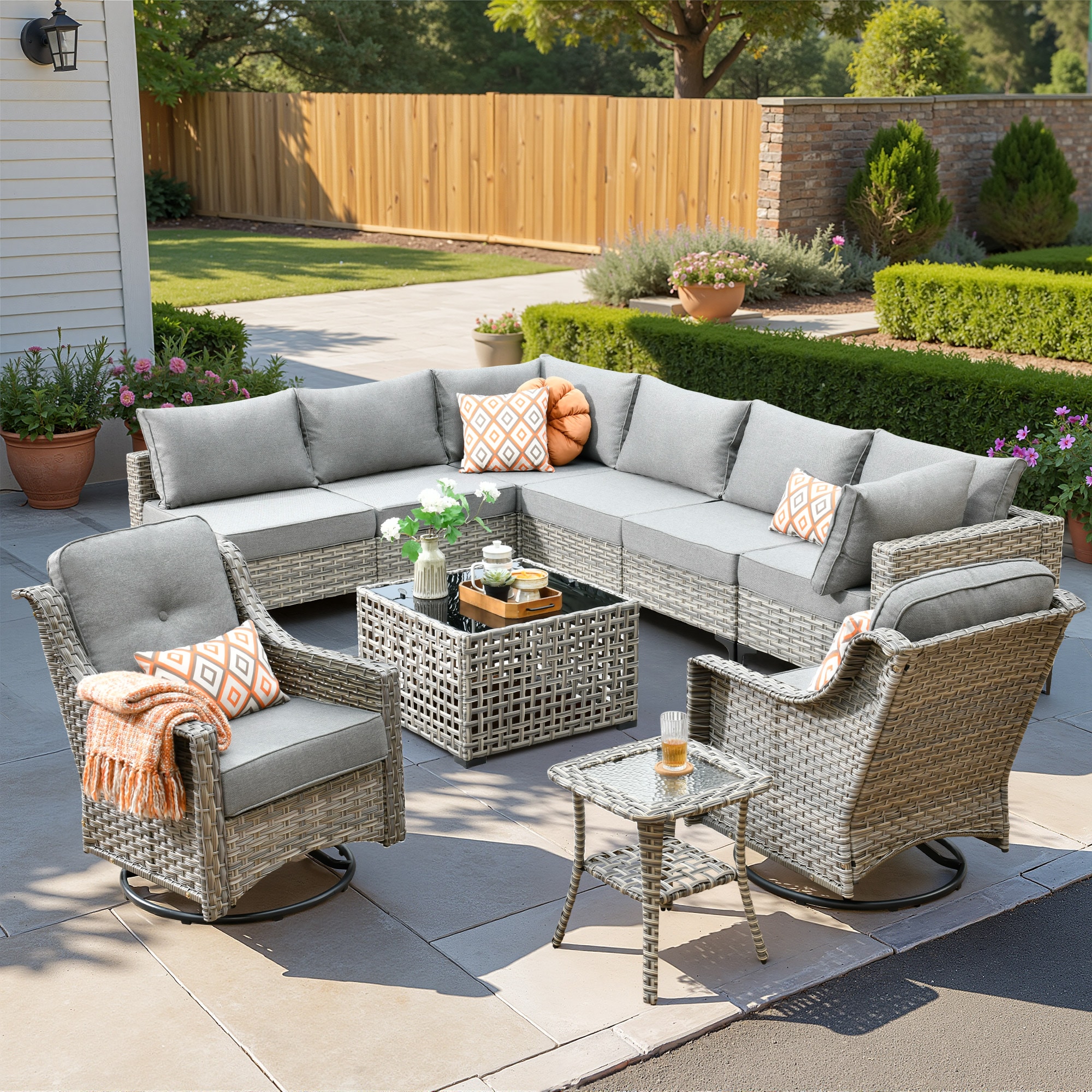 ALTRIGUS 6L-YZSKT210-AL 10 -Piece Wicker Patio Sofa Conversation Set with Dark Gray Cushions