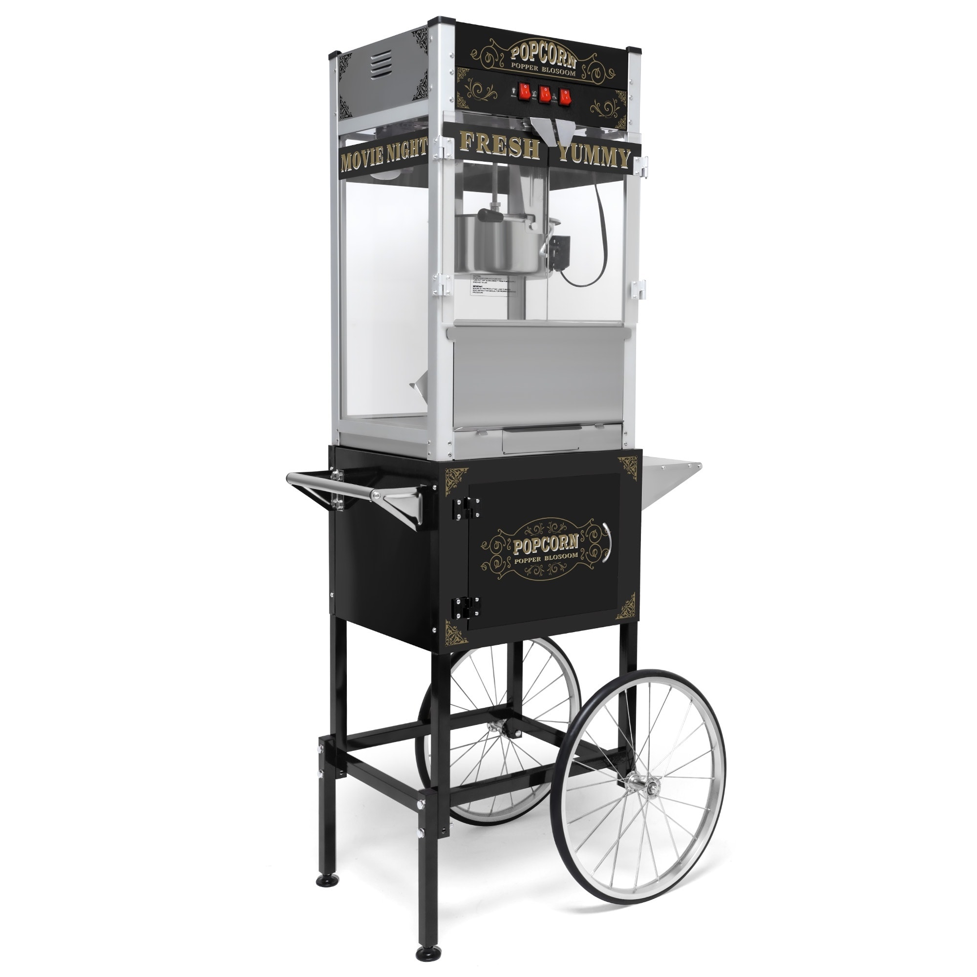 LIVACA LYR102273 Black Stainless Steel Commercial Popcorn Machine with Cart and 20-Ounce Kettle with Vintage-Style Design and Tempered Safety Glass