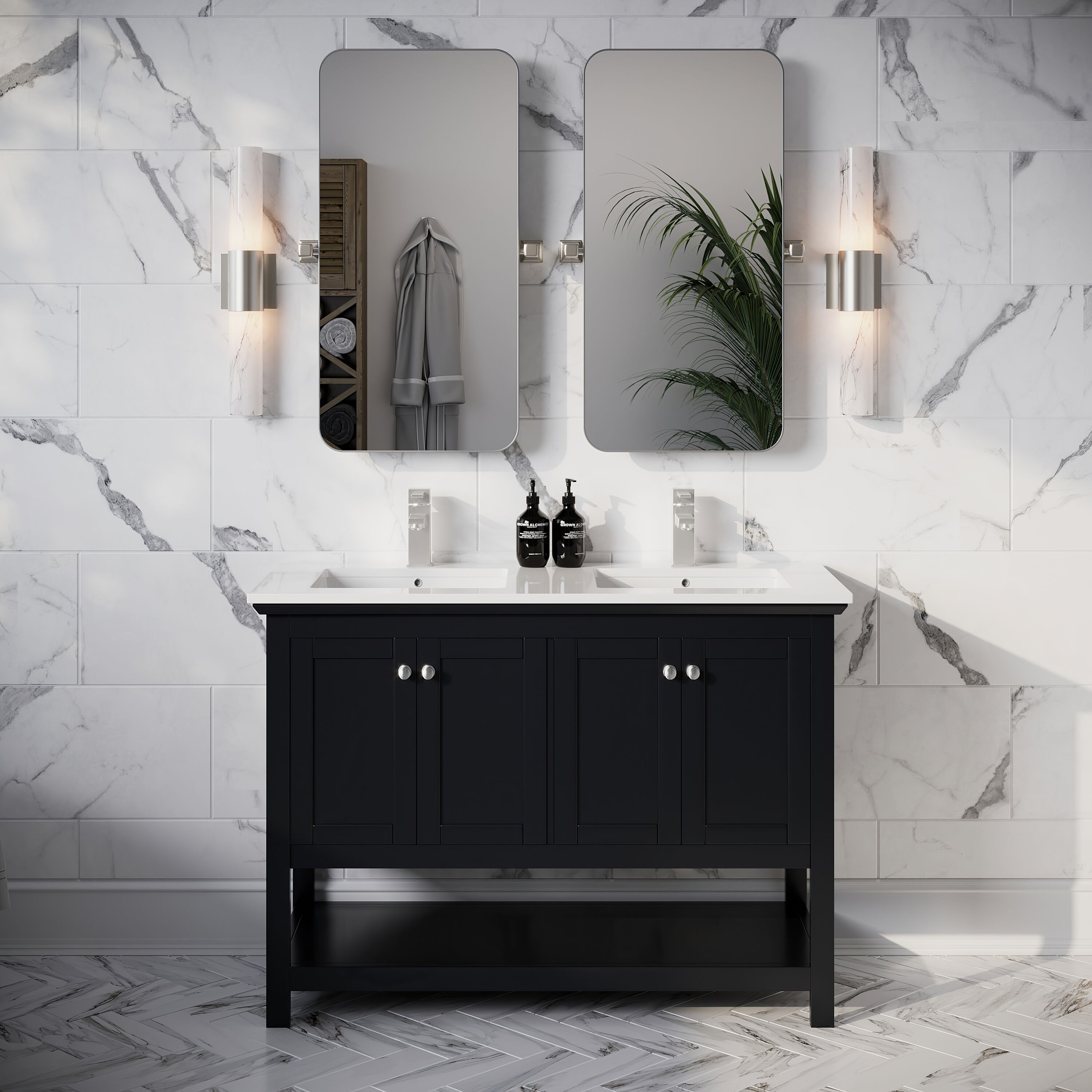 Fresca FCB2348BL-D-CWH-U Manchester 48-in Black Undermount Double sink Bathroom Vanity with White Quartz Top