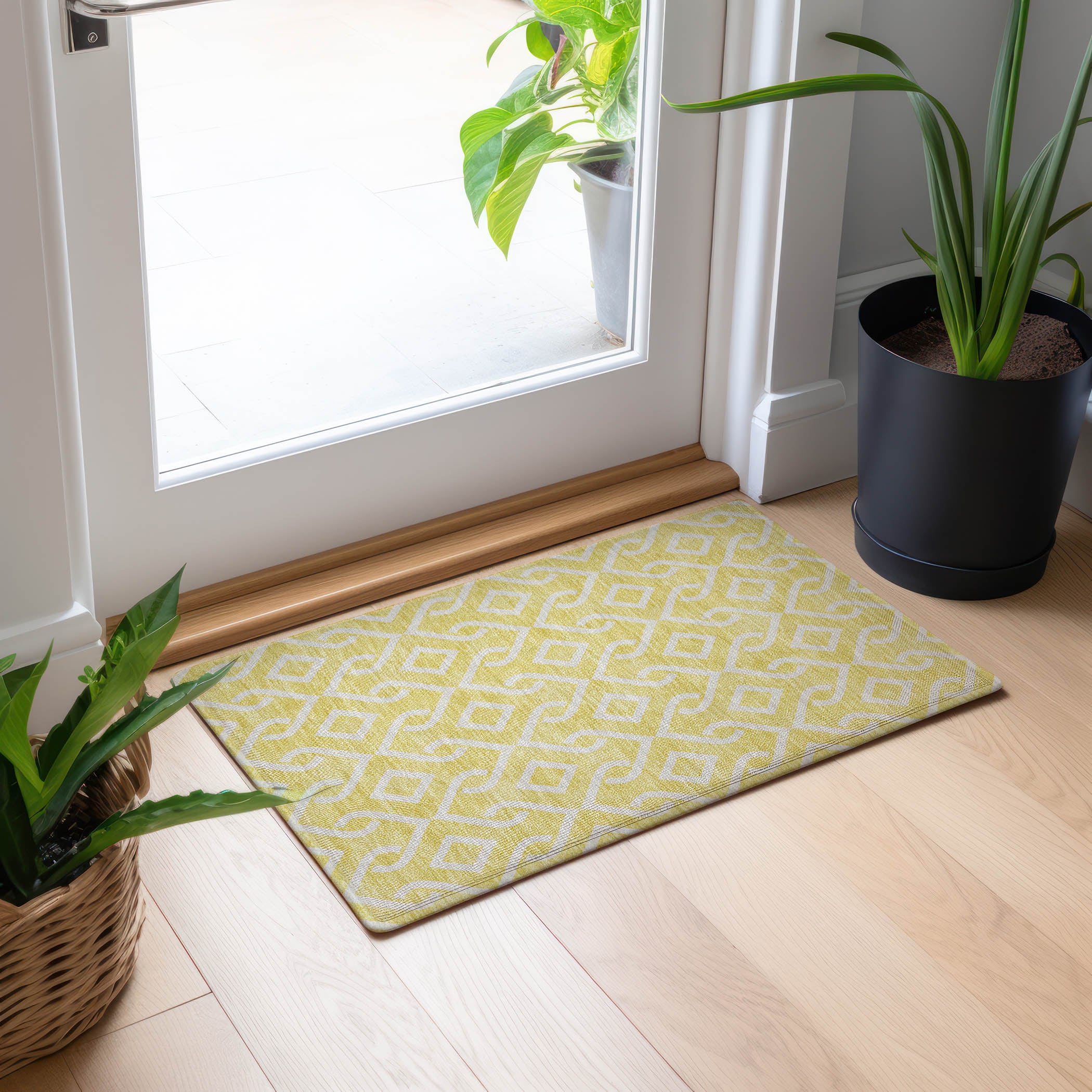 Yellow Geometric Machine Washable Synthetic Rug 1'8" x 2'6"