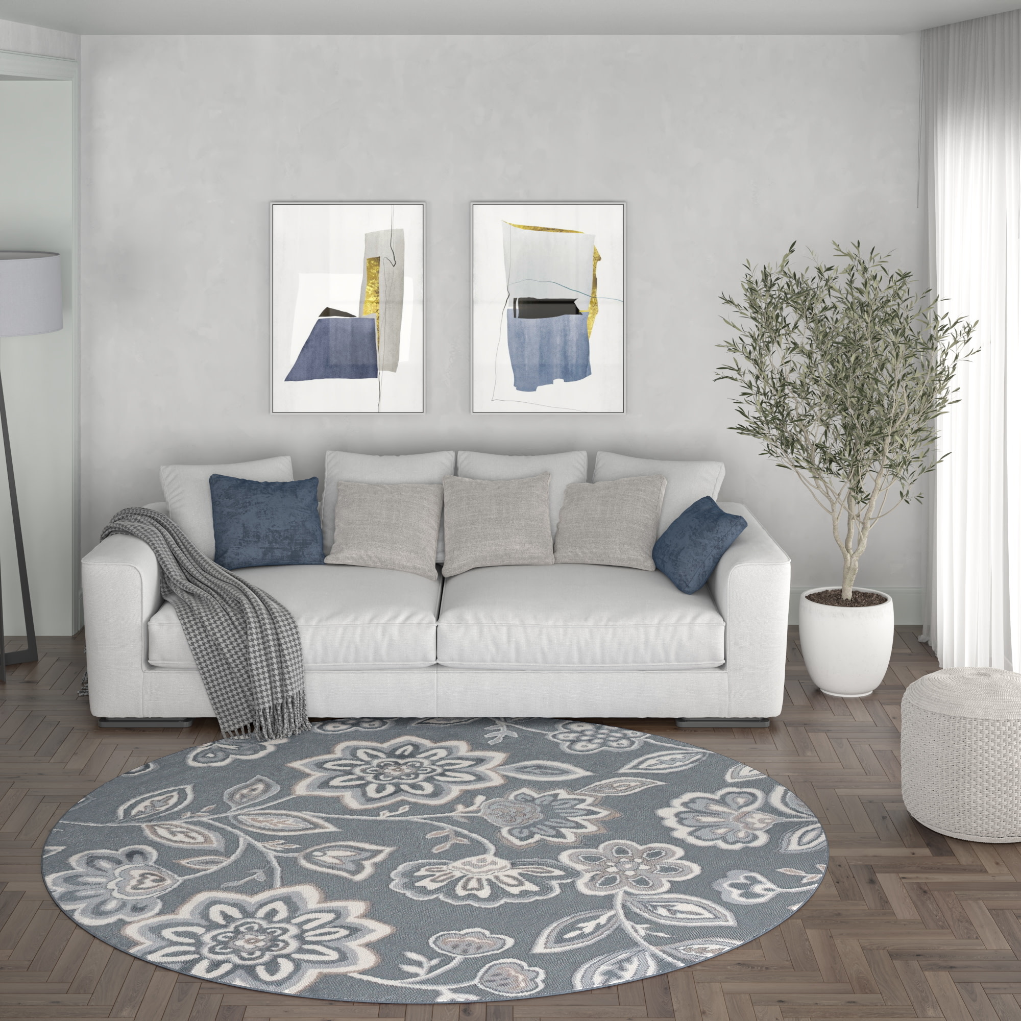 Tayse MDN3409 6RND Madison 6 x 6 (ft) Loomed Polypropylene Gray Round Indoor Floral/Botanical Oriental Area rug