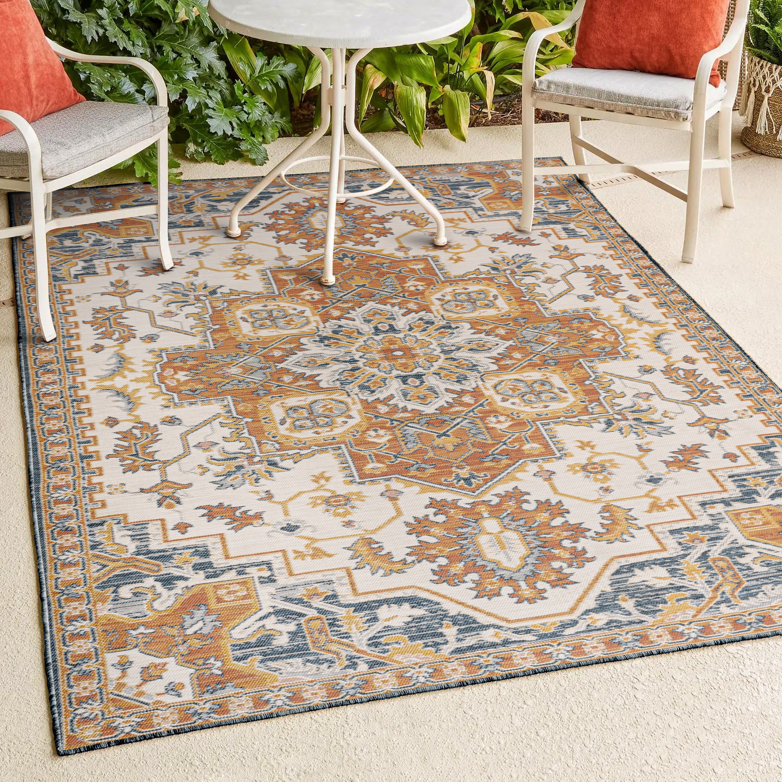 Bijan Terra Blue Cream Medallion Washable Reversible Rug 5x8