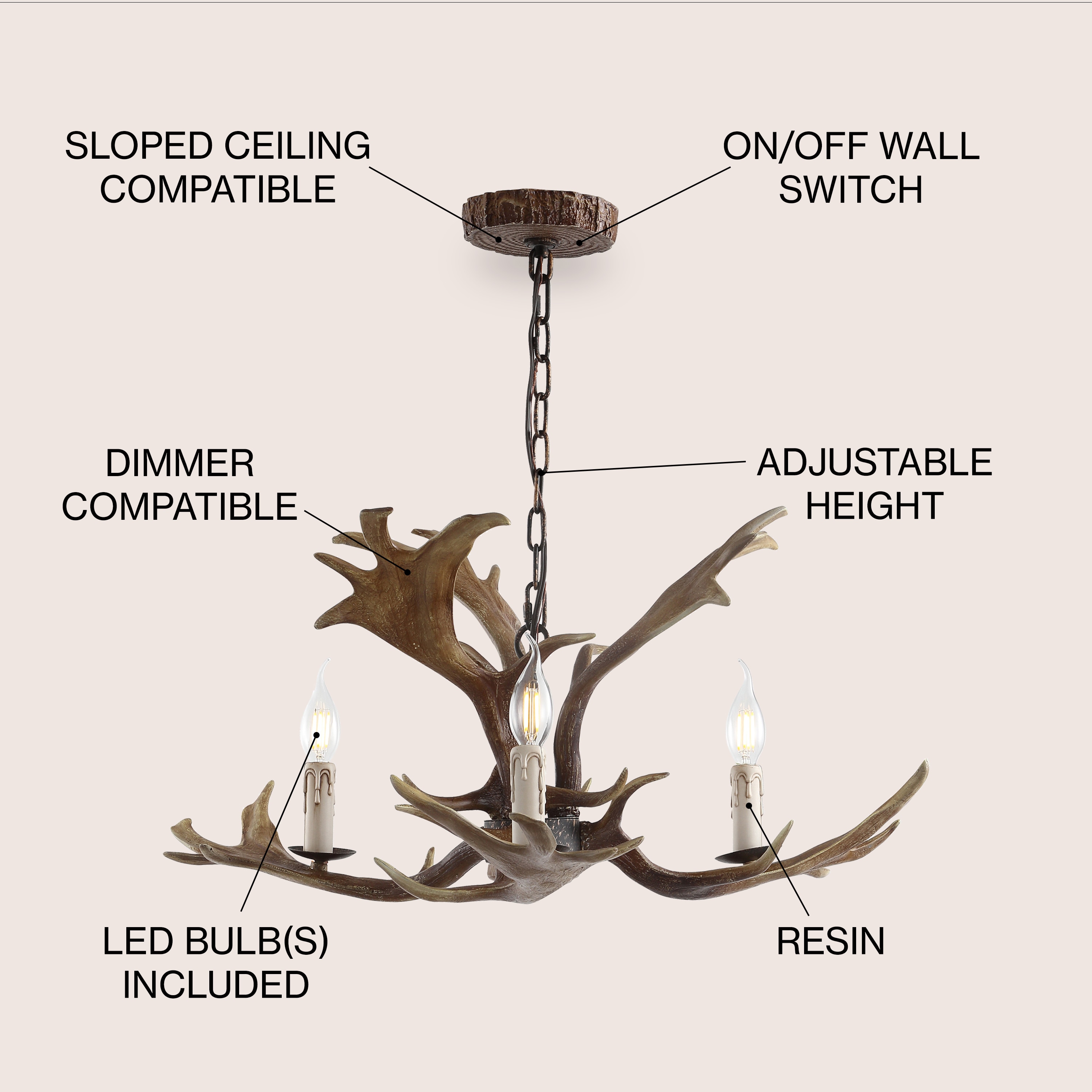 Eldora Rustic 27" Brown Resin Antler 3-Light LED Chandelier