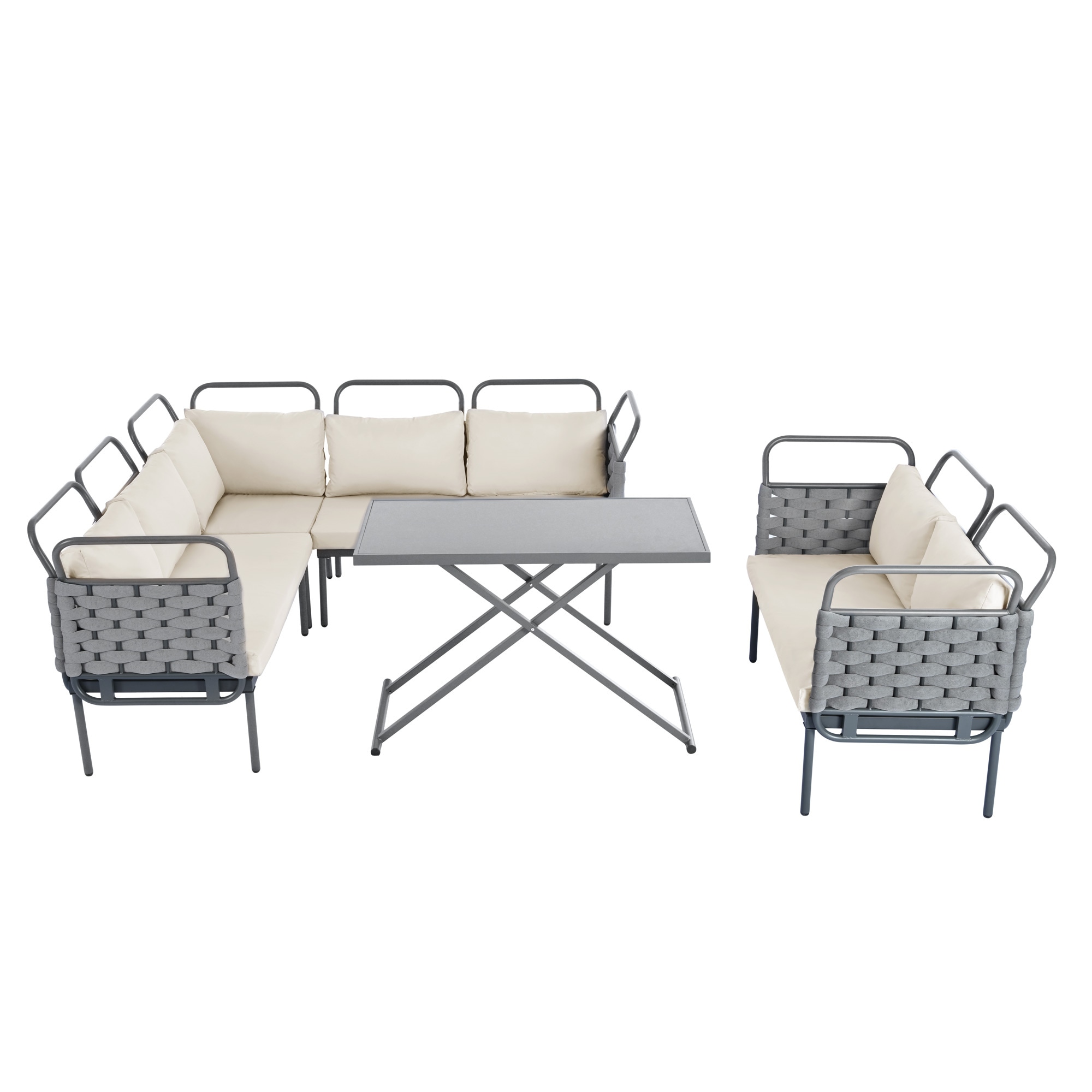 BABOOM BOM-0021AAE-OR Outdoor Woven Rope Furniture Set 5 -Piece Gray Woven Patio Dining Set Steel Rectangle Table with 1 Off-white Cushions Stationary Chairs
