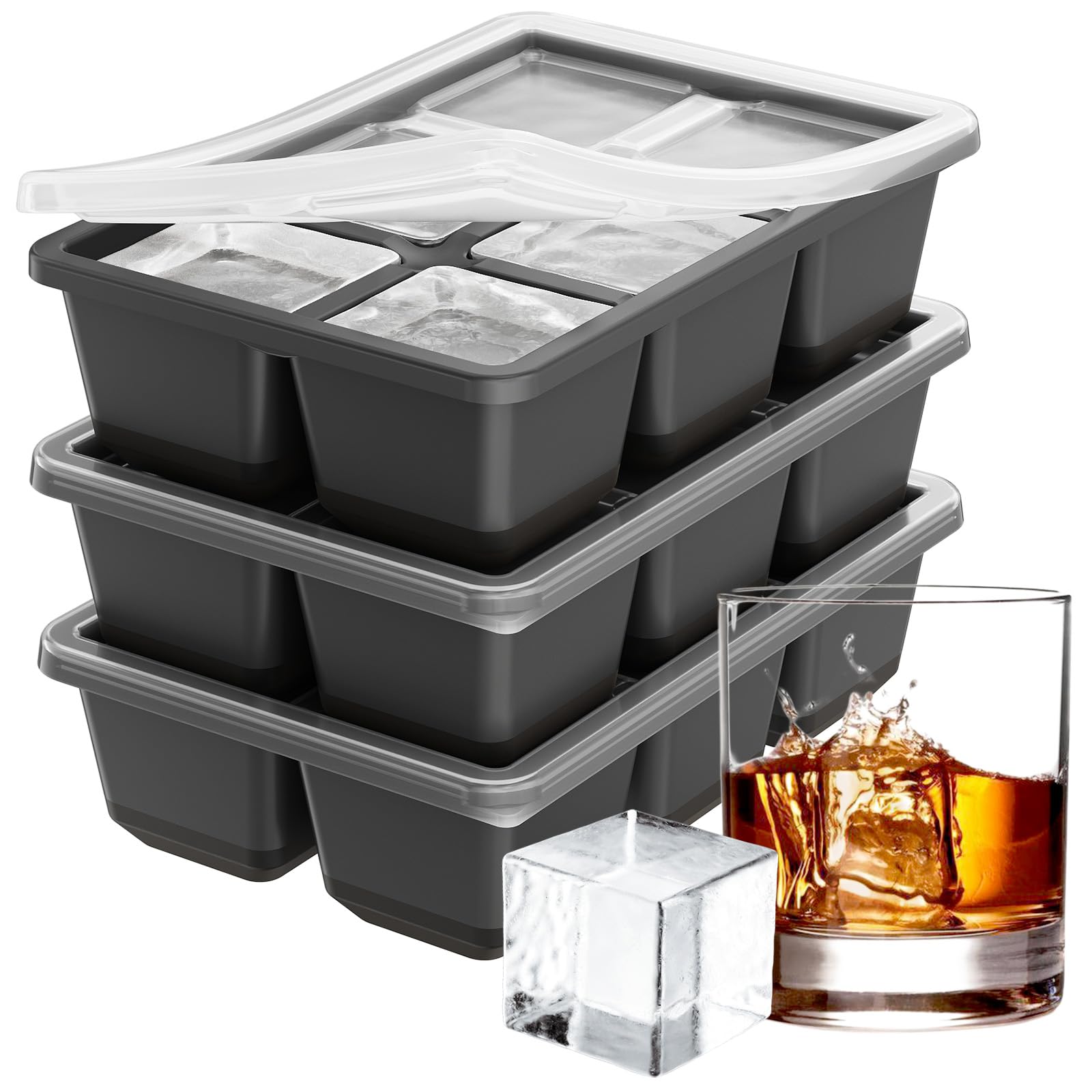 Anqtovp Large Ice Cube Molds 3 pack Square Ice Tray with Lid Makes Twelve 1 point 8 Inch Cubes Stackable Easy Release for Whiskey Cocktails #LAN0616N090