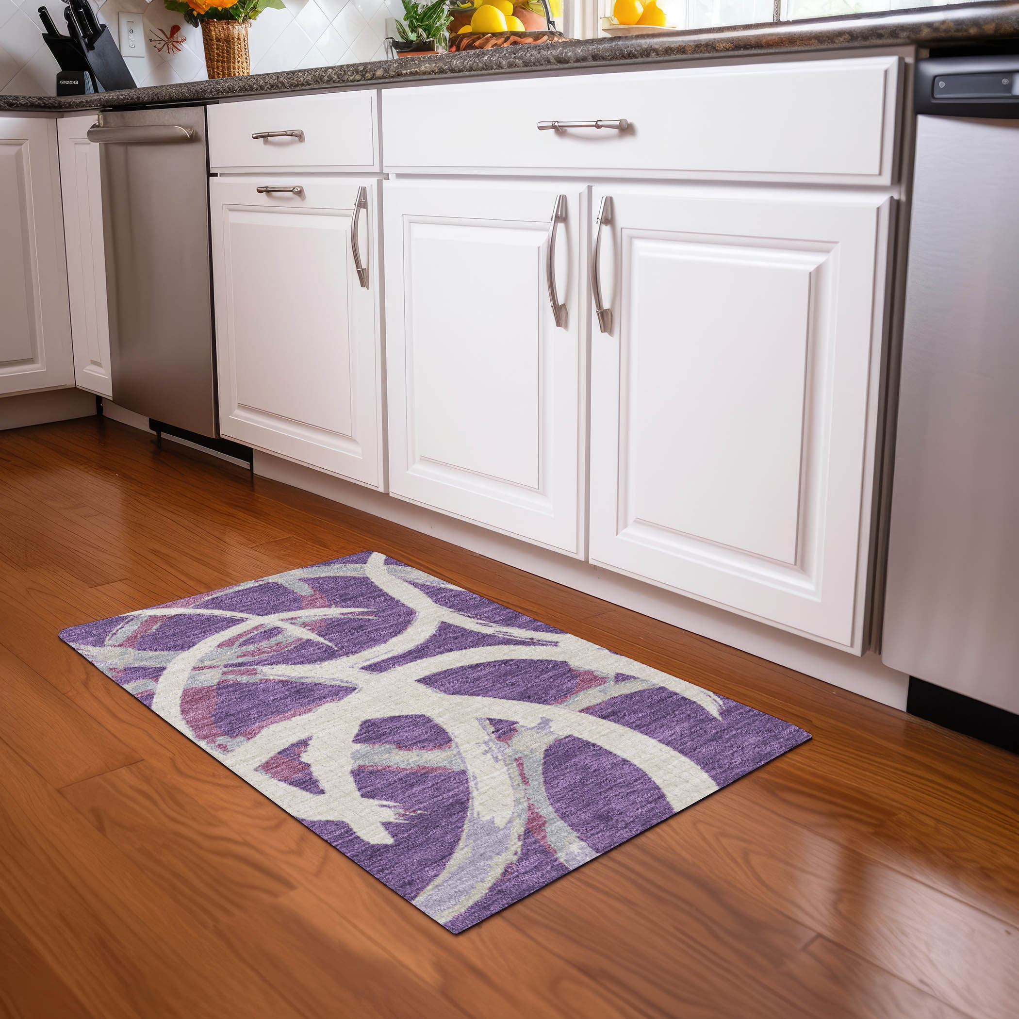 Purple and White Rectangular Synthetic Washable Rug