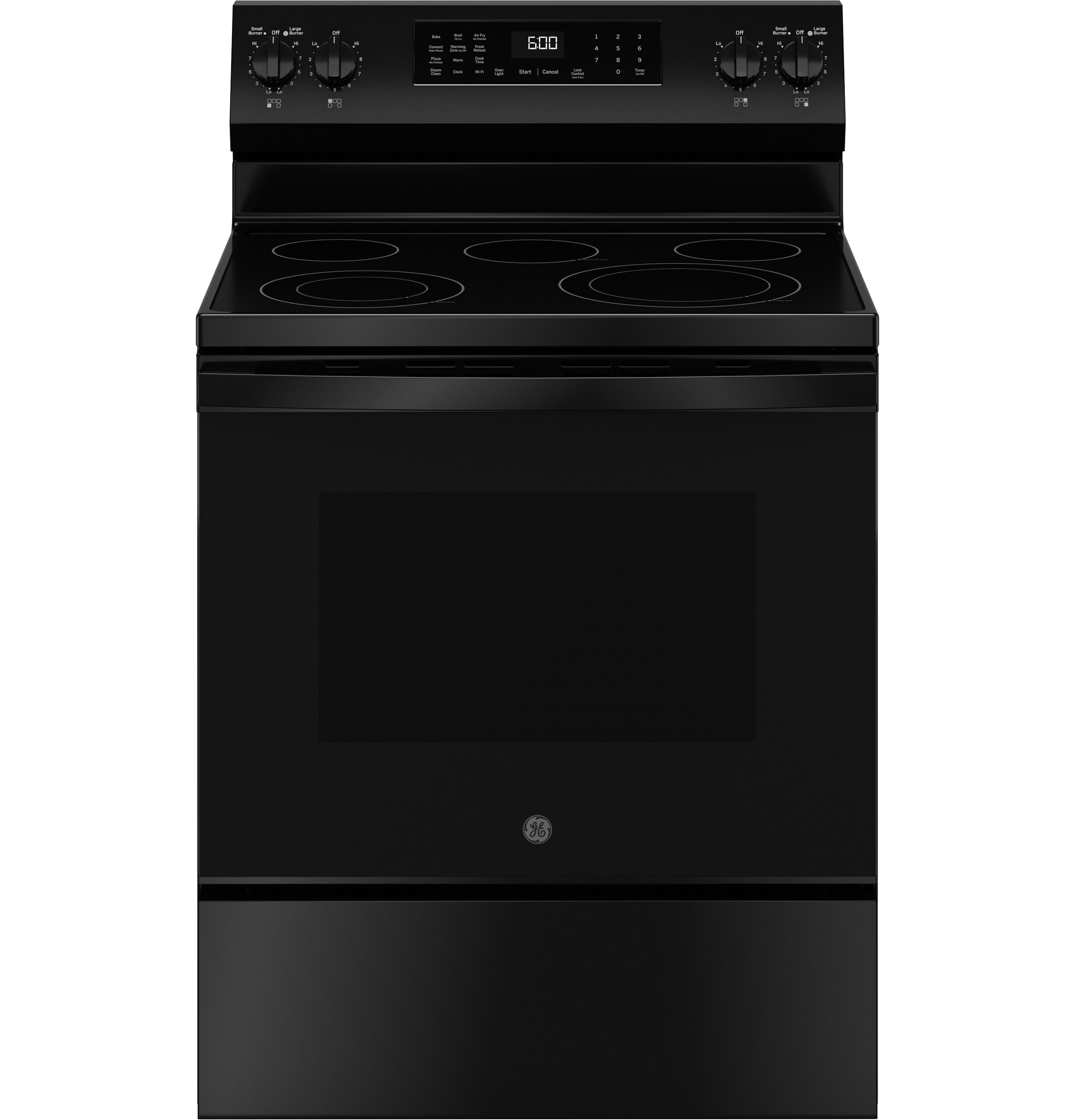GE EasyWash Oven Tray 30-in Glass Top 5 Burners 5.3-cu ft Steam Cleaning Air Fry Convection Oven Freestanding Smart Electric Range (Black)