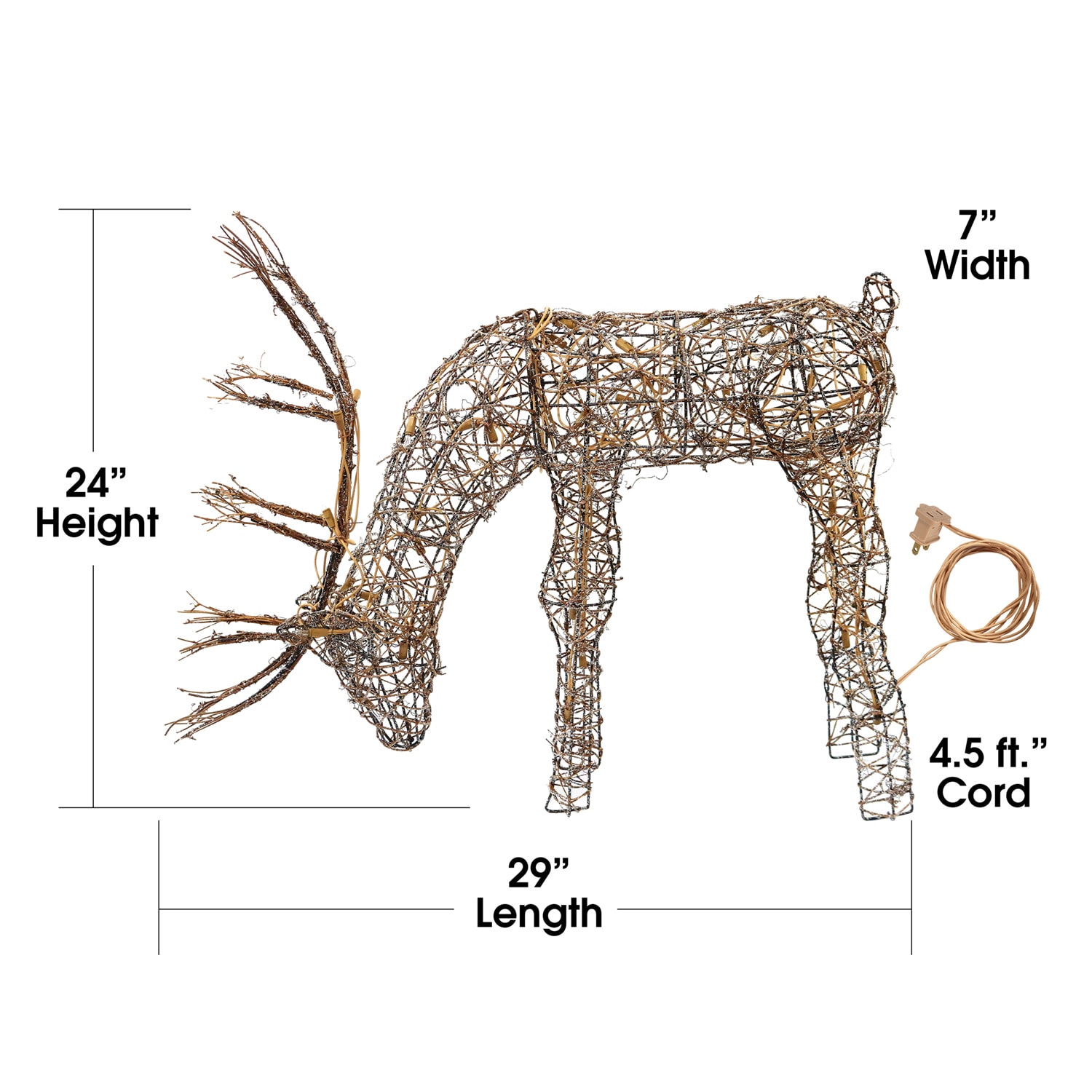 24" Warm White Pre-lit Rattan Reindeer Statue