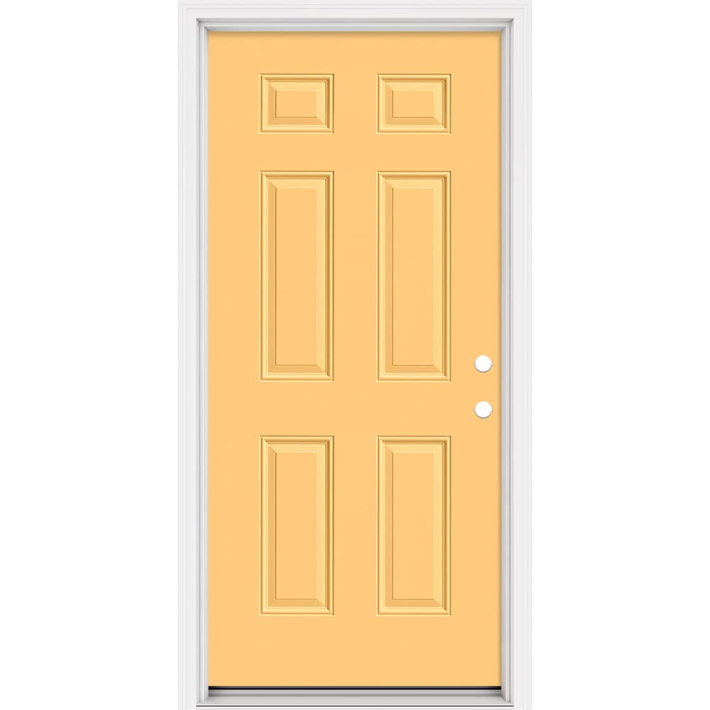 Masonite 321049 Steel Doors Series 36-in x 80-in x 4-9/16-in Steel Craftsman Left-hand inswing Cabana Yellow Painted Prehung Front Door with Brickmould Insulating core