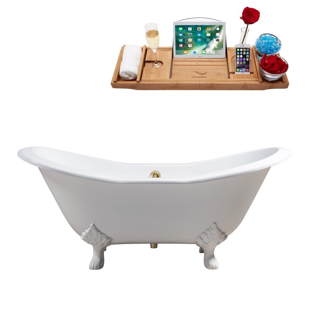 Streamline R5162WH-GLD 72.0077-in x 30.9054-in Glossy White Cast Iron Oval Clawfoot Soaking Bathtub with Drain (Center Drain)
