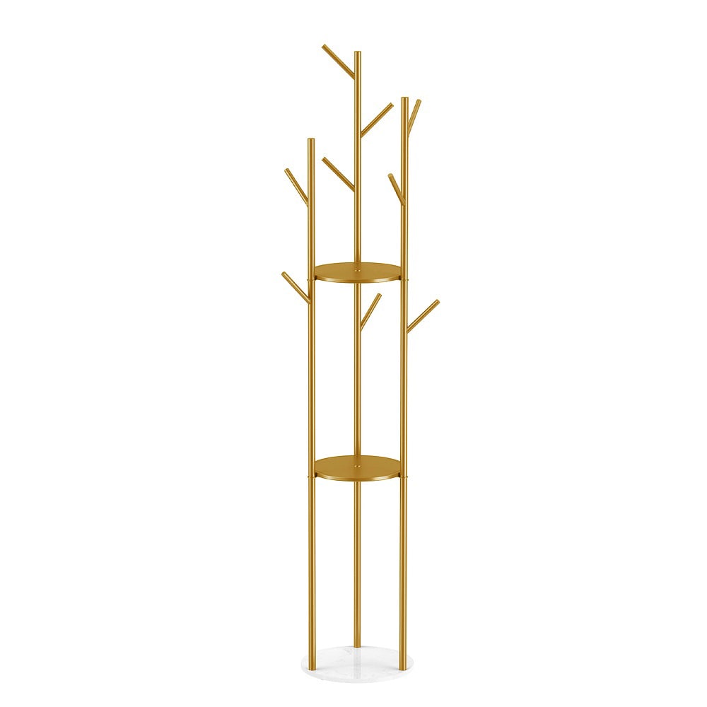 LUVODI Gold 9-Hook Coat Stand with 3 Shelves, Freestanding