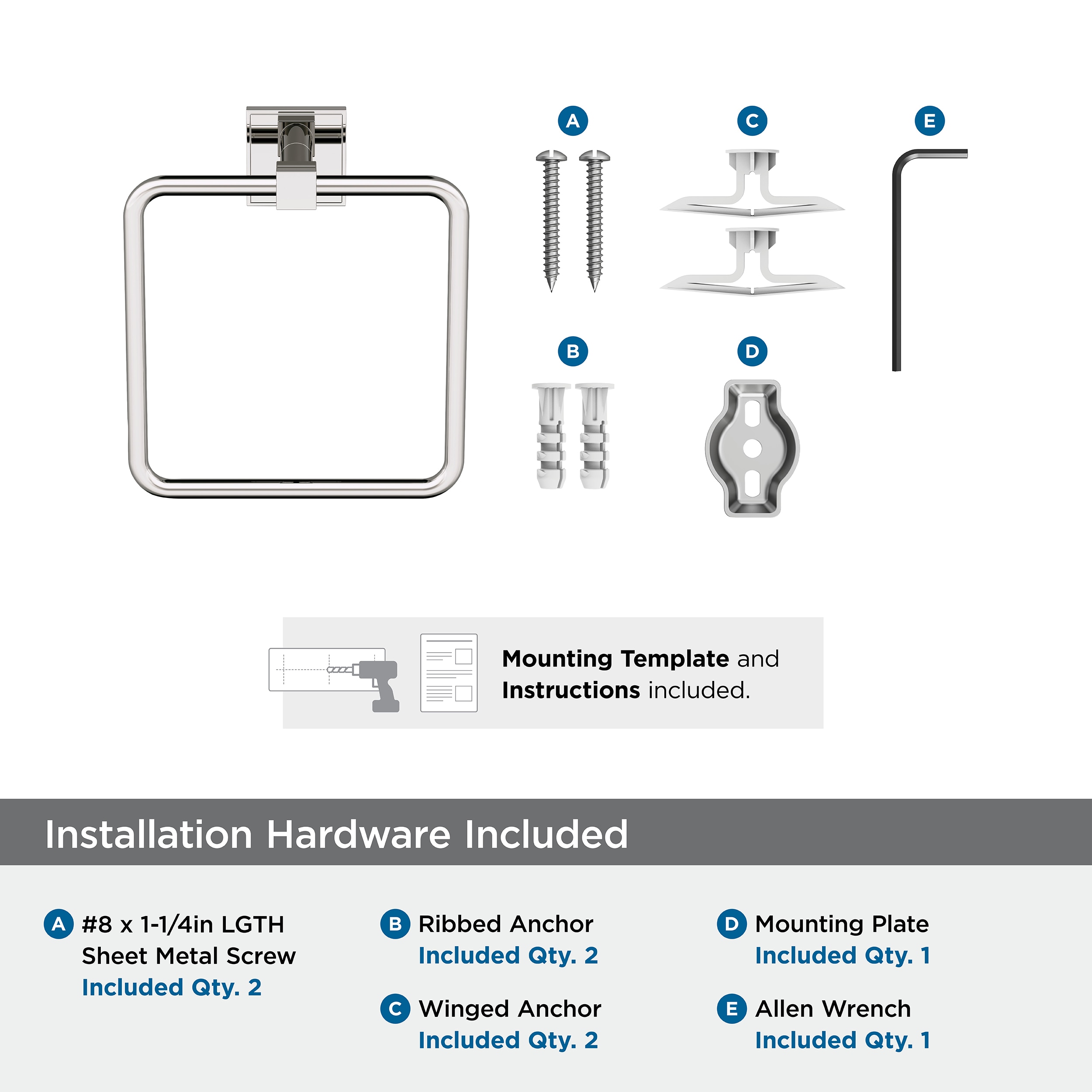 Polished Nickel Wall Mounted Square Towel Ring