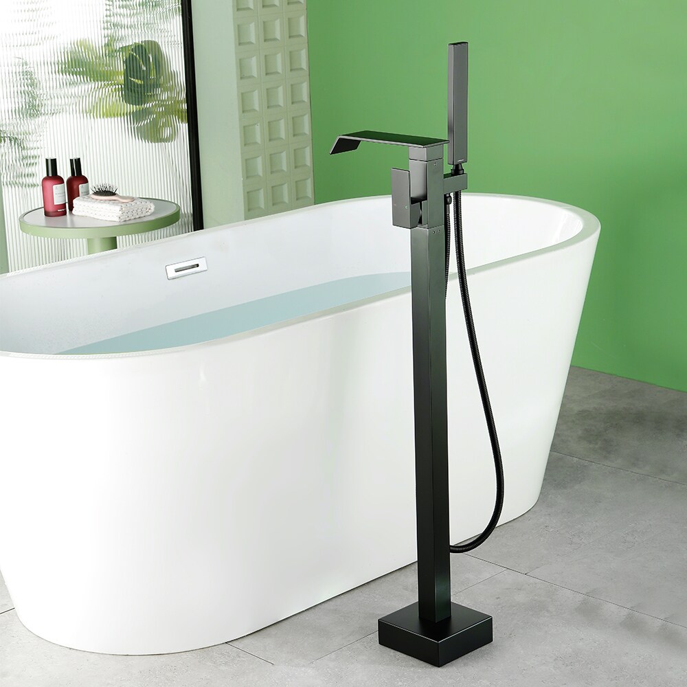 WELLFOR Matte Black 1-handle Freestanding Waterfall Bathtub Faucet with Hand Shower ( Valve Included )