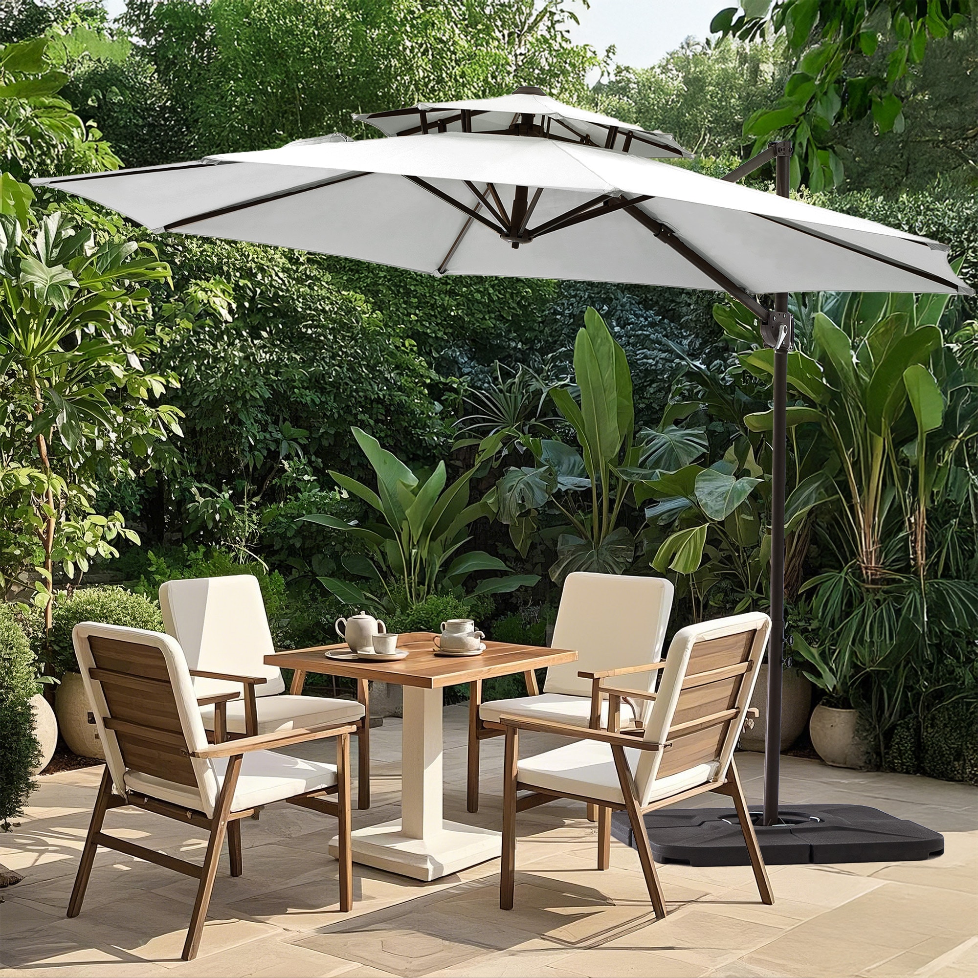 VOUA JYLM-10-GY 10-ft Iron Light gray Crank Cantilever Patio Umbrella with Base