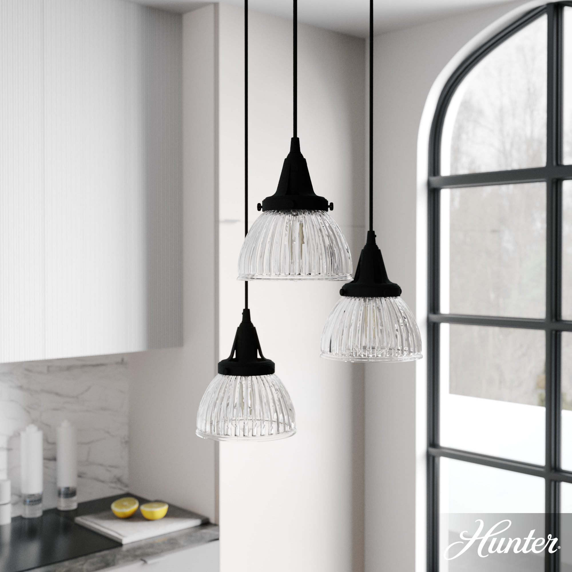 Hunter Cypress Grove 3-Light Natural Iron Transitional Clear Glass Tiered LED Mini Hanging
