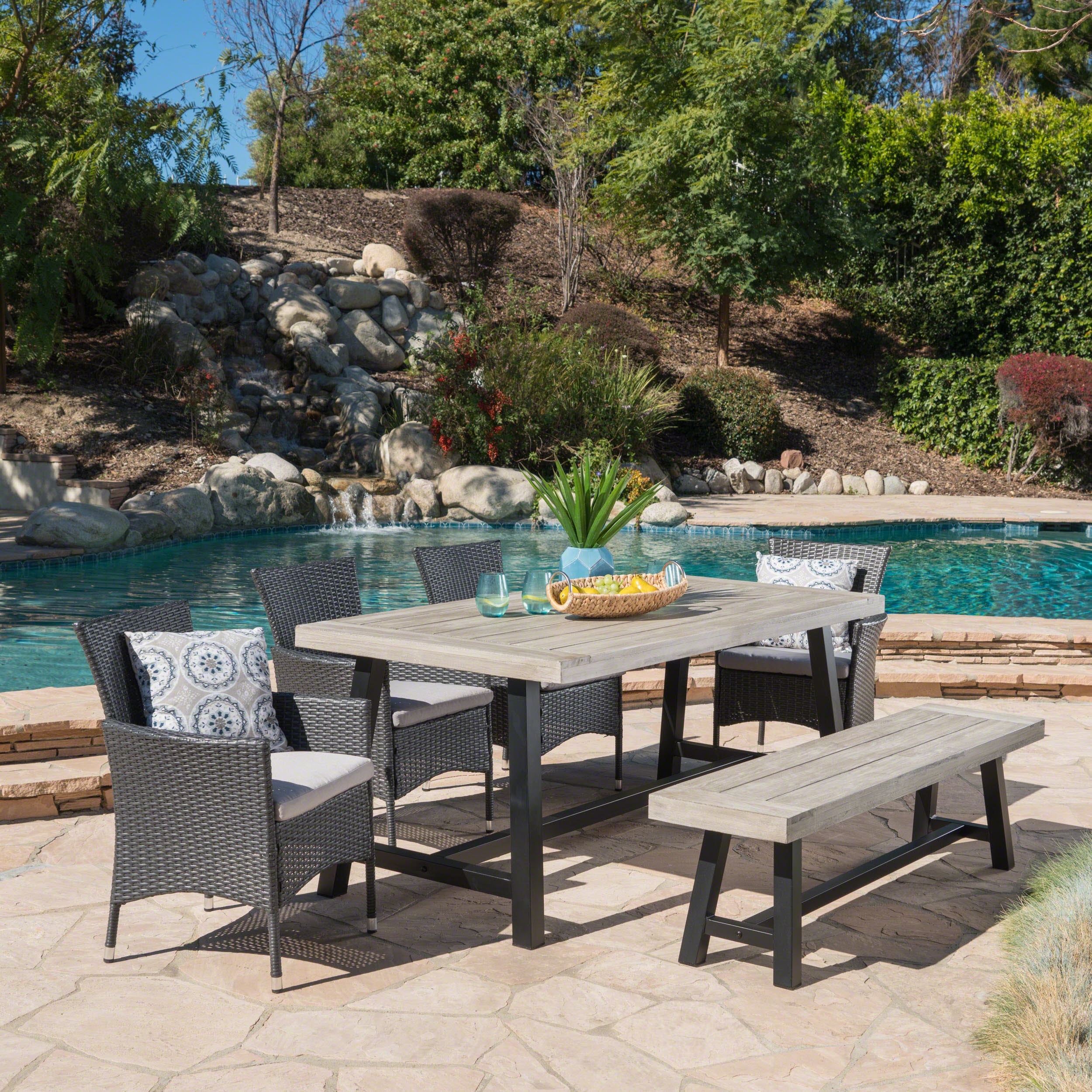 Christopher Knight Home 303907 Linden Outdoor 6 Piece Grey Wicker Dining Set with Light Grey Sandblast Finish Acacia Wood Table and Bench and Silver Water Resistant Cushions