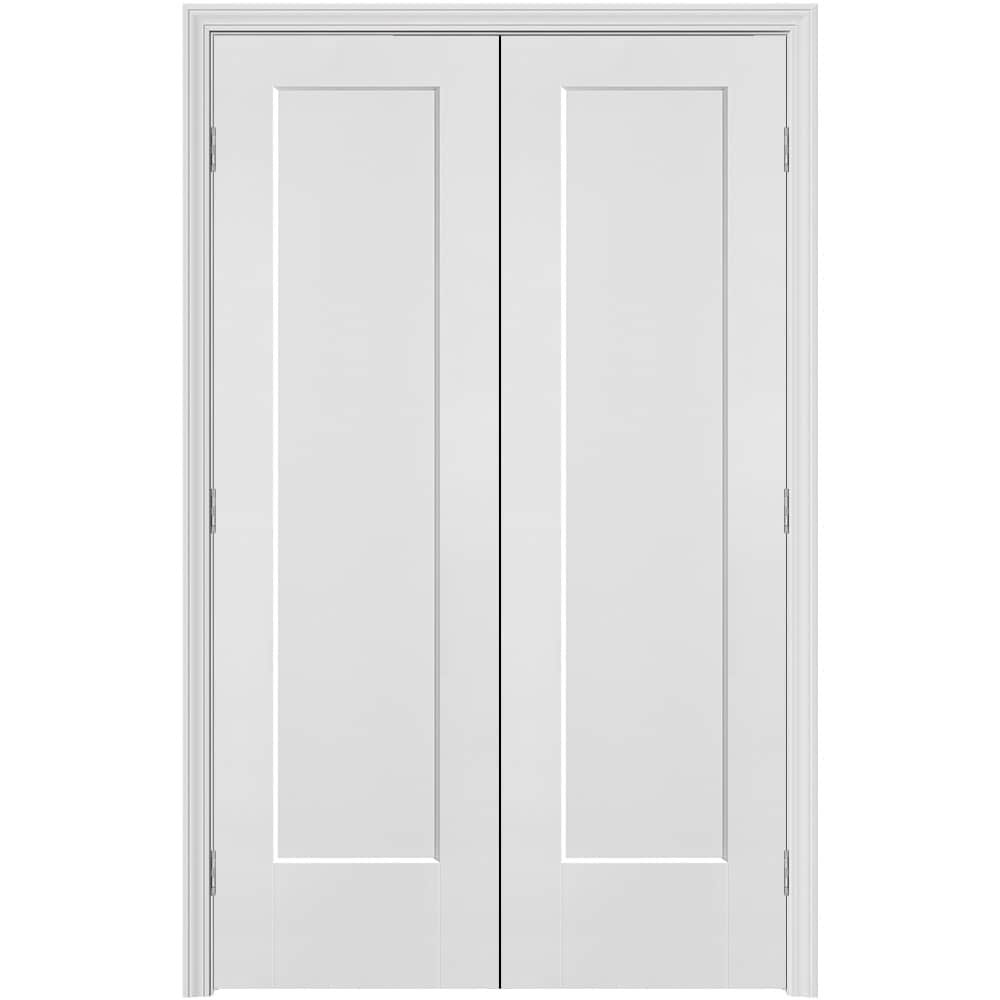 Masonite 640971 48-in x 80-in Primed Hollow core 1-panel Bi-parting Smooth Primed Molded composite Split Jamb Double Prehung Interior Door 376 Casing