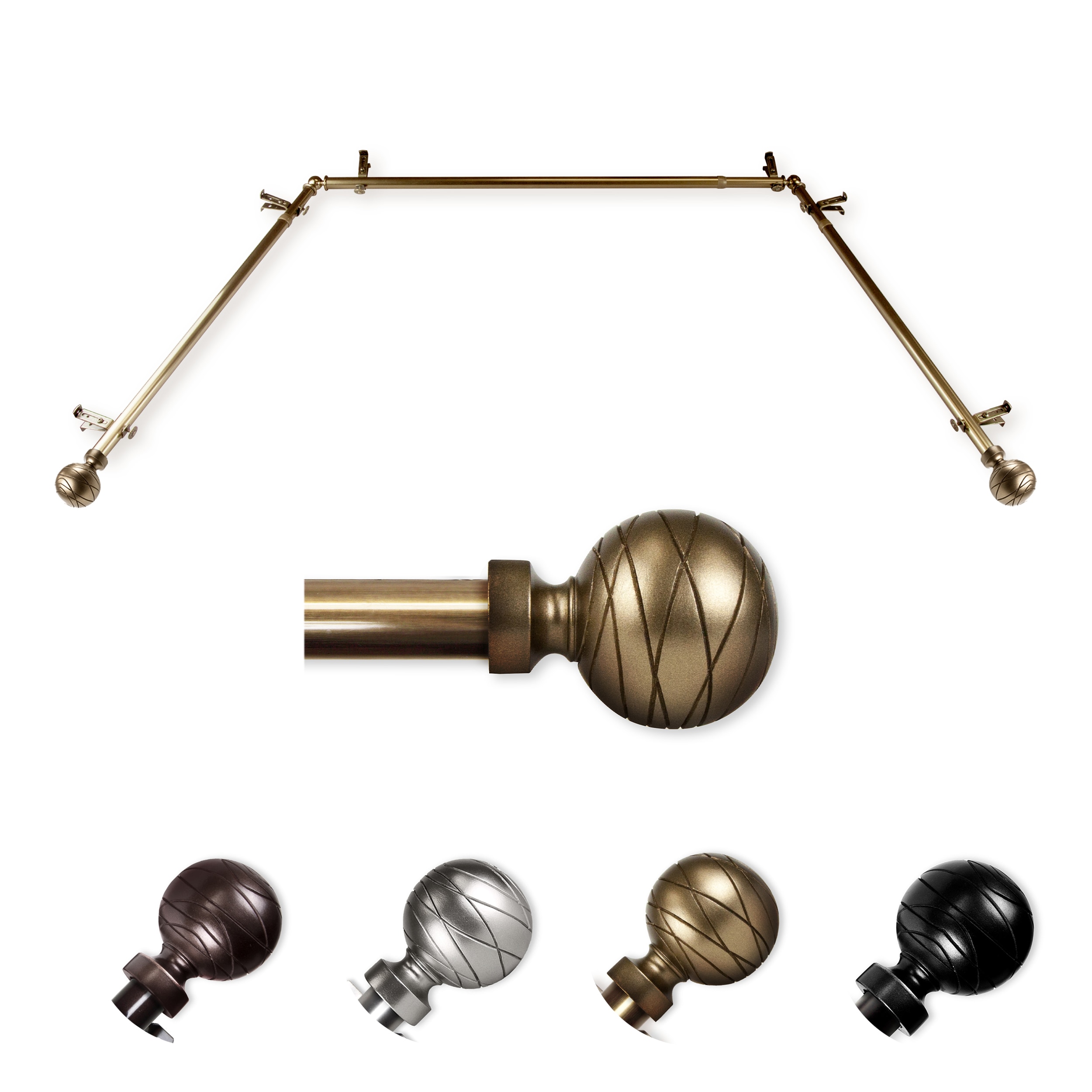 Hart & Harlow LO-ABAY-84-4 72-in to 144-in Antique Brass Steel Bay window curtain rod with Finials