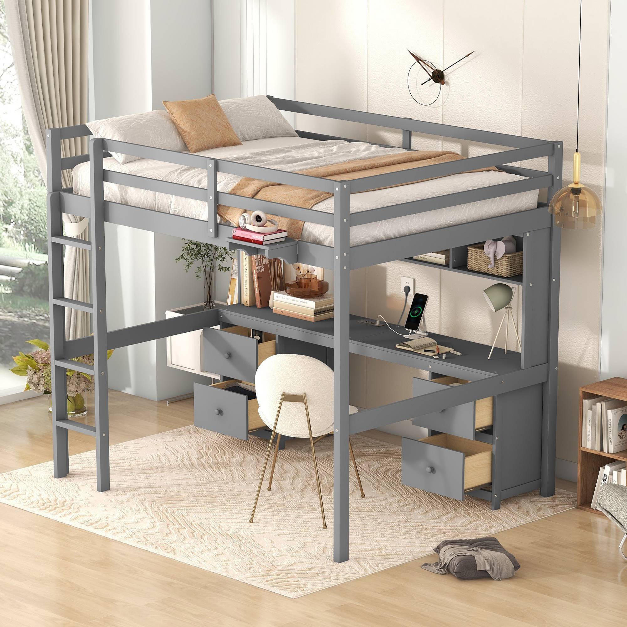 Yiekholo Full Study Loft Bed with Desk and Storage, Grey Finish ...