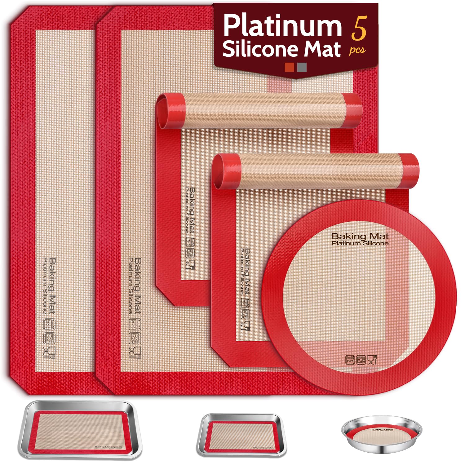 DHMHD  Platinum Silicone Baking Mat Set Includes Half Sheet Quarter Sheet and Nine Inch Round Mat Reusable Heat Resistant Non Stick Cooking Mats