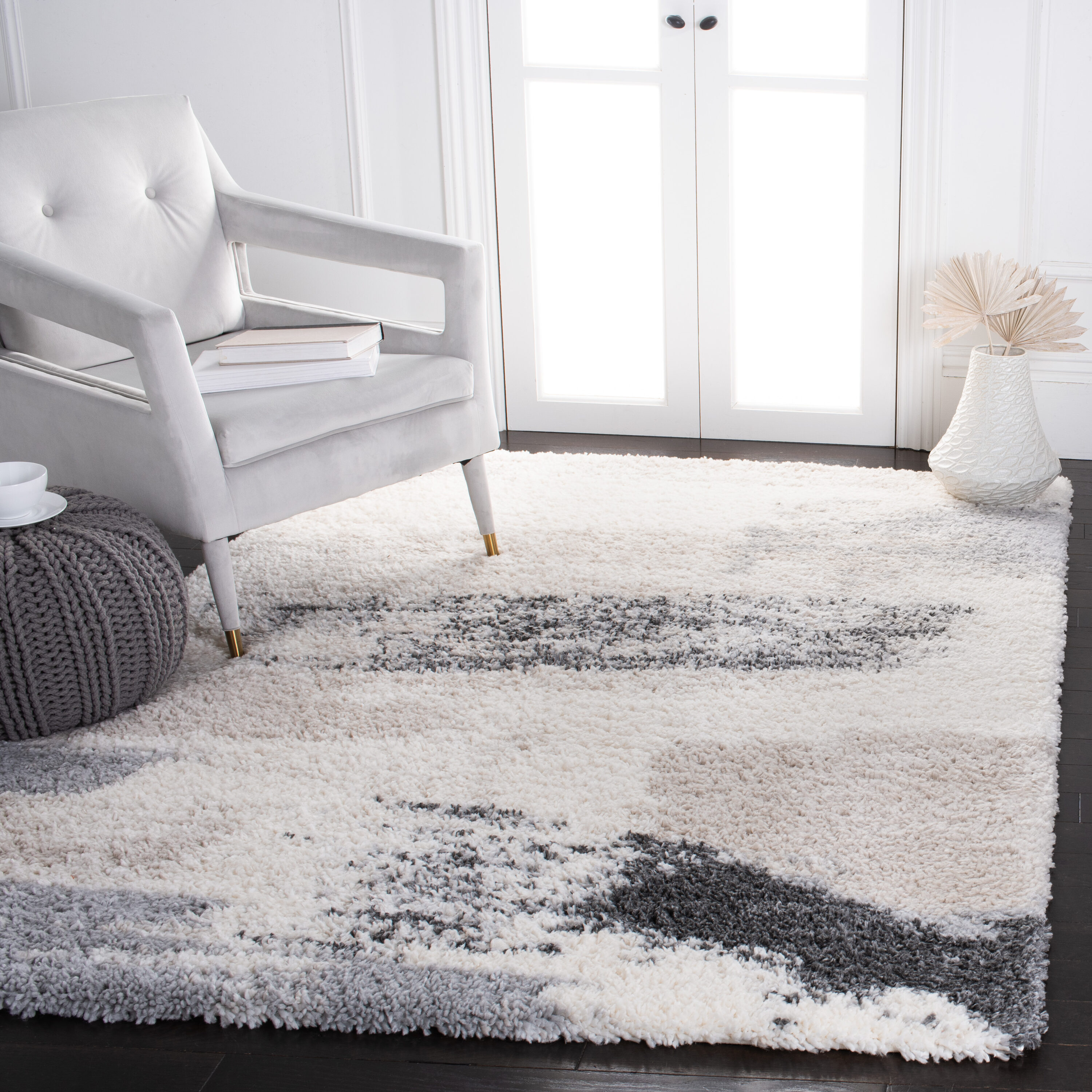 Fontana Shag 800 5 x 8 (ft) Loomed Polypropylene Ivory/Grey Rectangular Indoor Abstract Mid-Century Modern Spot Clean Only Area rug