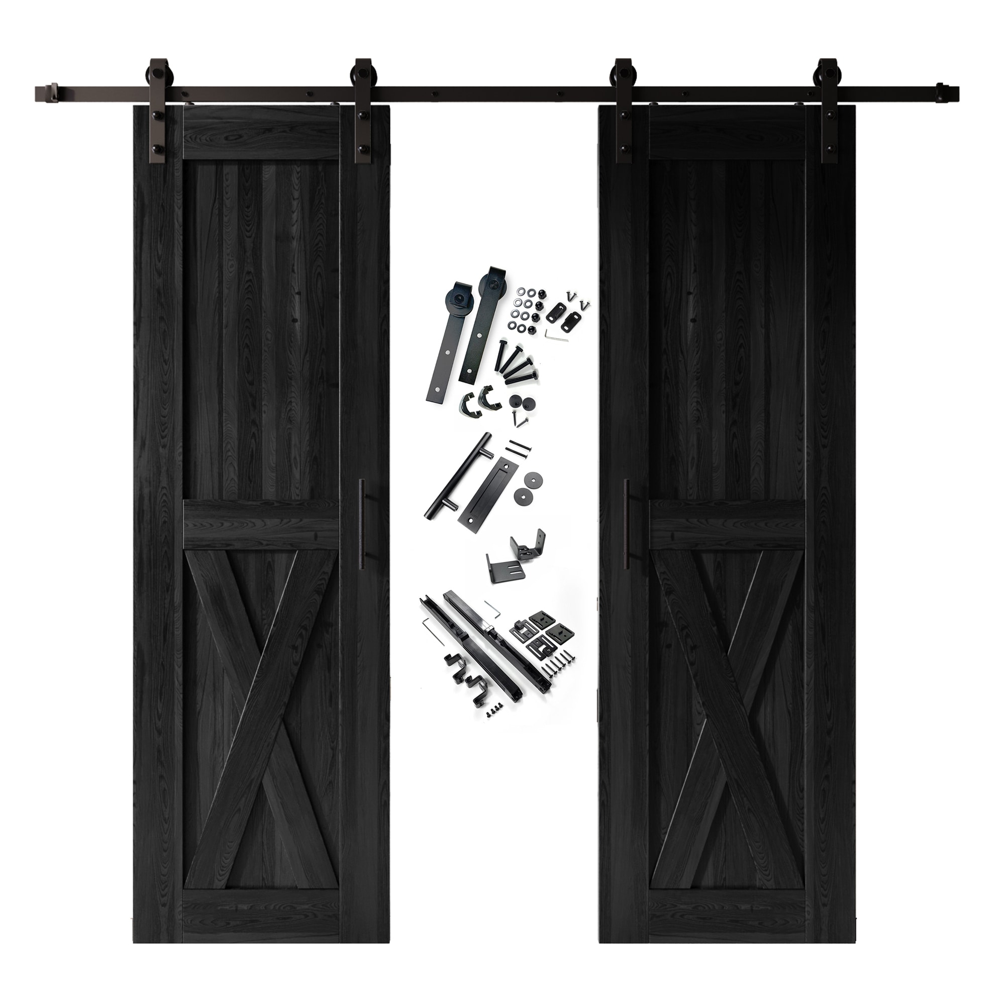 HOMACER YT2TGH108C-2496-X-BK 24-in x 96-in Black Prefinished X-frame Pine Wood Solid core Double Barn Door (Hardware Included)