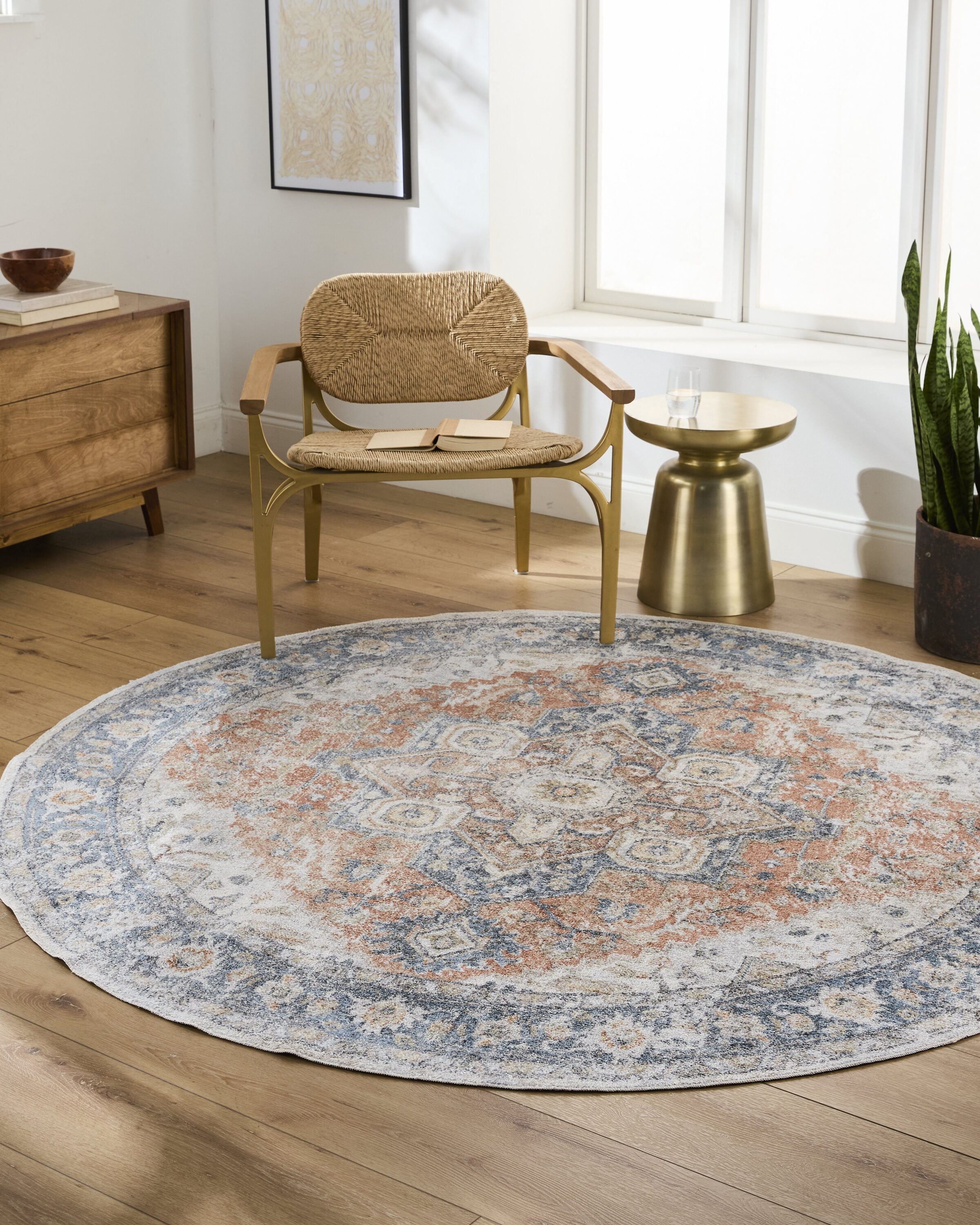 Livabliss LLL2329-67RD Lillian 7 x 7 (ft) Polyester Sky Blue/Rust Round Indoor Medallion Vintage Machine washable Area rug