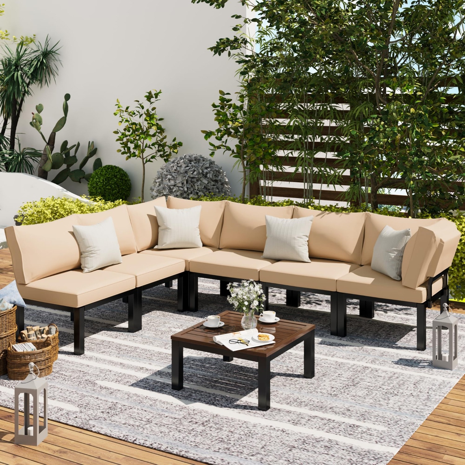 AECOJOY 16077BK-LS01 Conversation Set Outdoor Sectional with Beige Cushions and Iron Frame