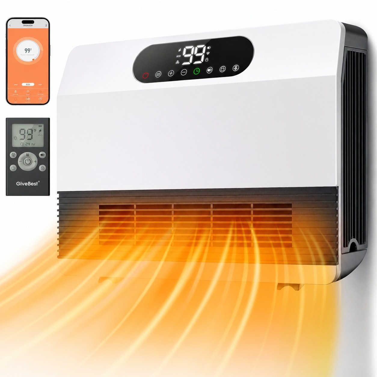 Phyfalip  Electric Wall Heater 1500W Indoor Space Heater with Adjustable Thermostat Remote Control Alexa Compatible Timer Quiet Operation