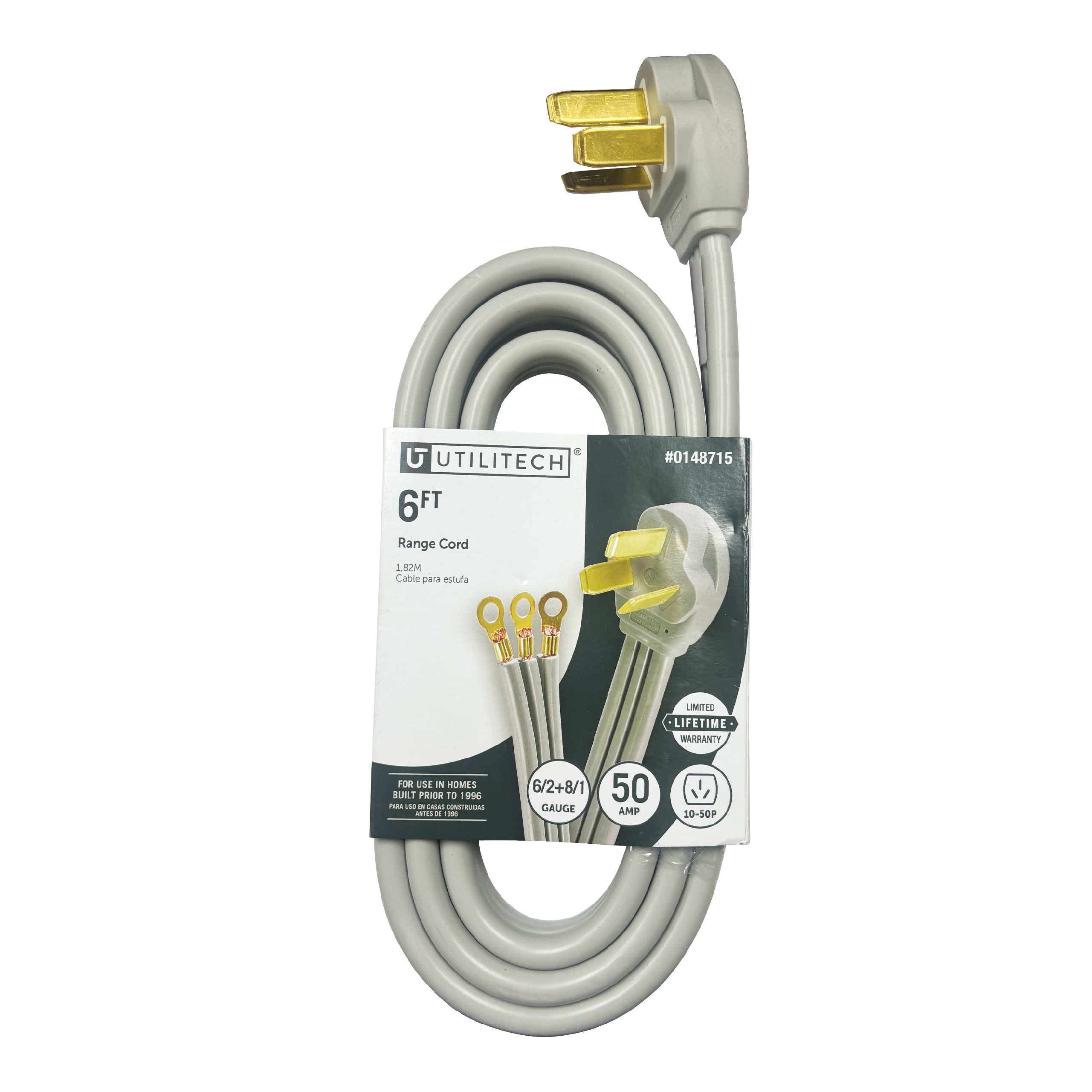 Utilitech 0123 Range Cord 6-ft 50 -Amp 3 -Prong Gray Range Appliance Power Cord