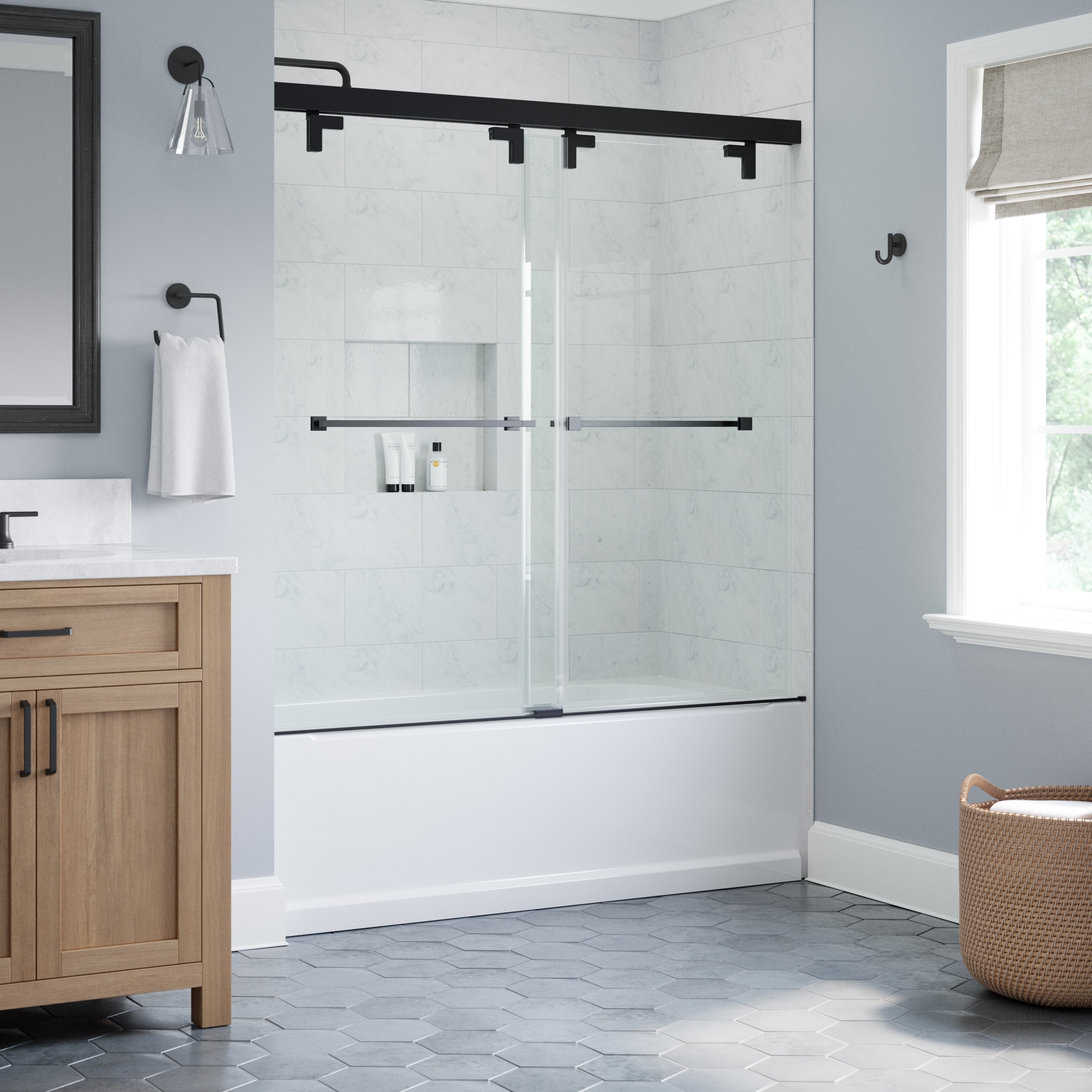 Delta SD7909762 Kesara Matte Black 42-1/4-in W x 60.7481-in H Frameless Sliding Soft Close Shower Door 5/16-in Thick Clear Glass