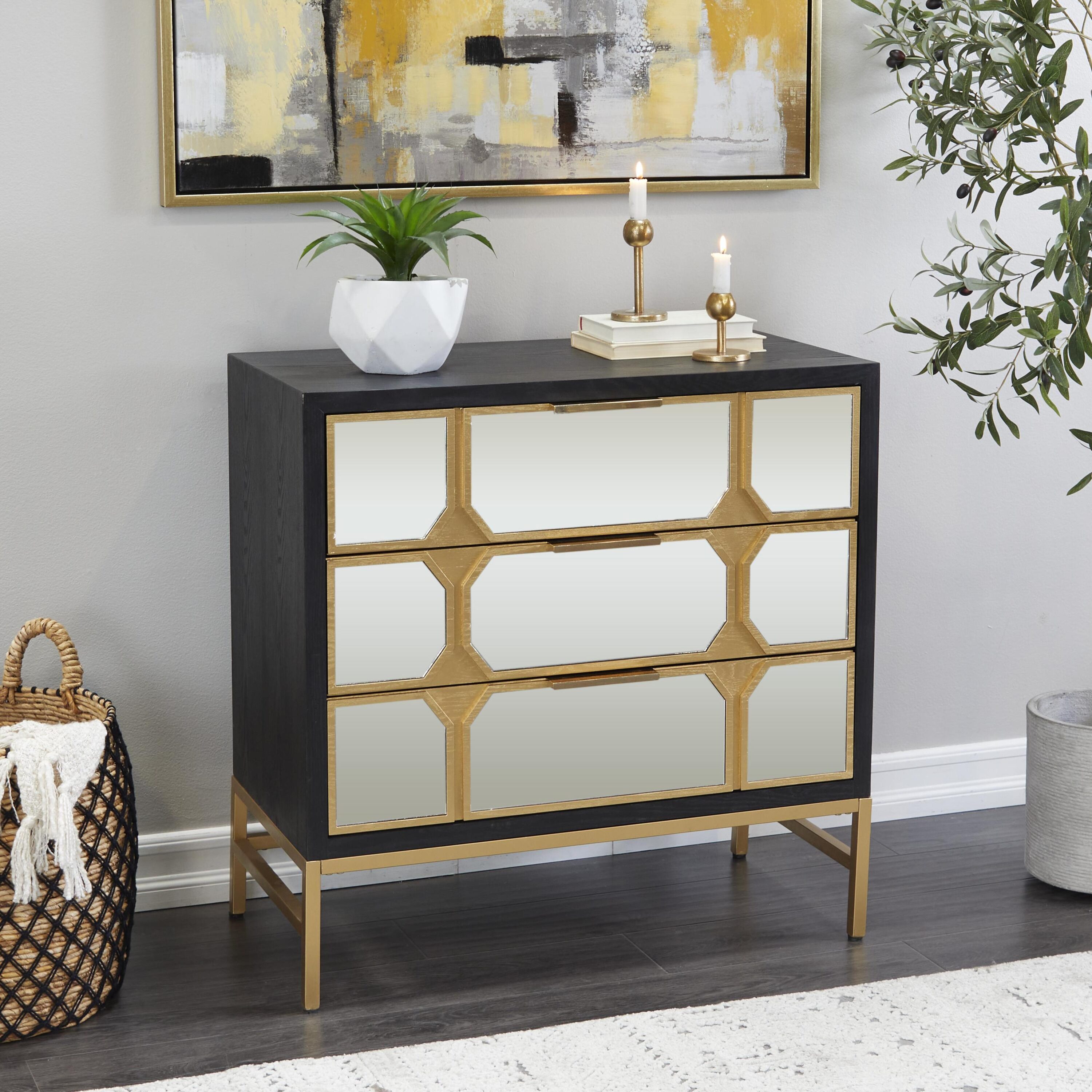 Grayson Lane 83039 32-in W 2-Door Black 3 Drawer with Mirrored Front Accent Cabinet