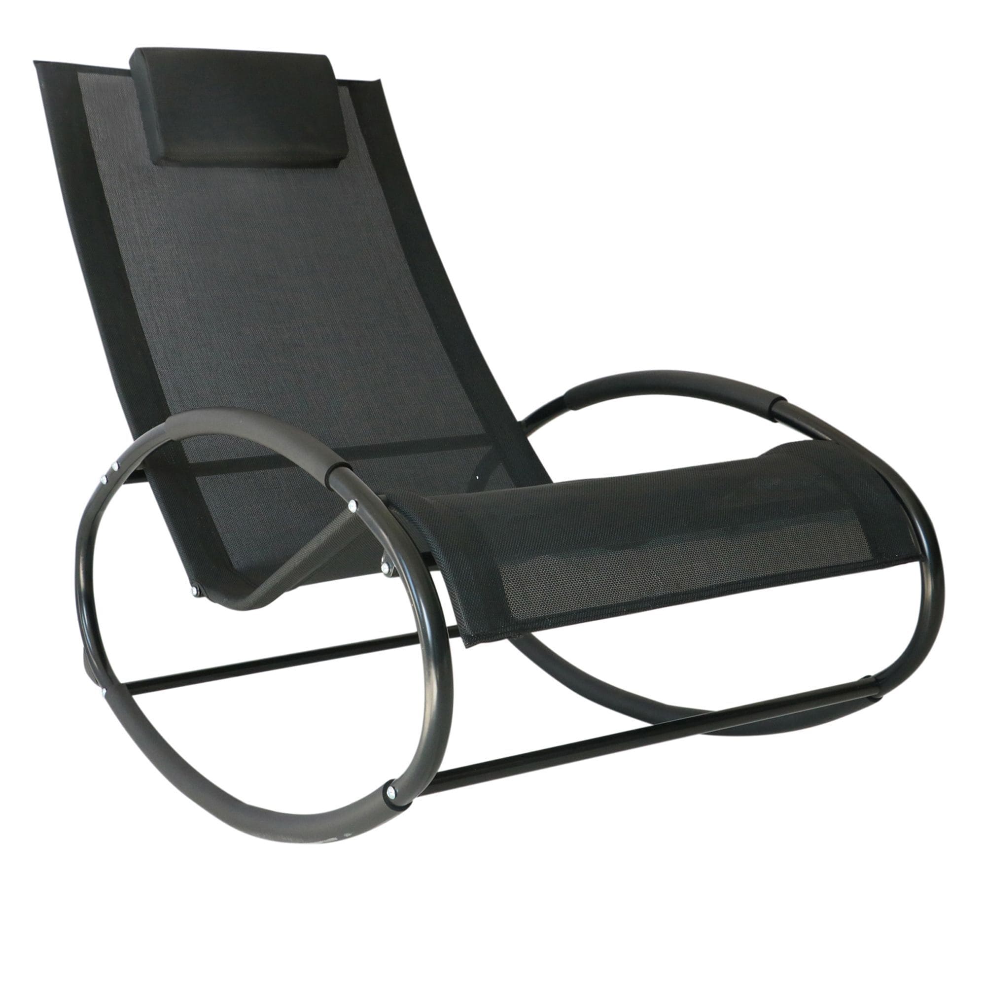 Miki Shinly AB-4347-98JJ Outdoor Rocking Chair Black Steel Frame Chaise Lounge Chair with Black Mesh Seat