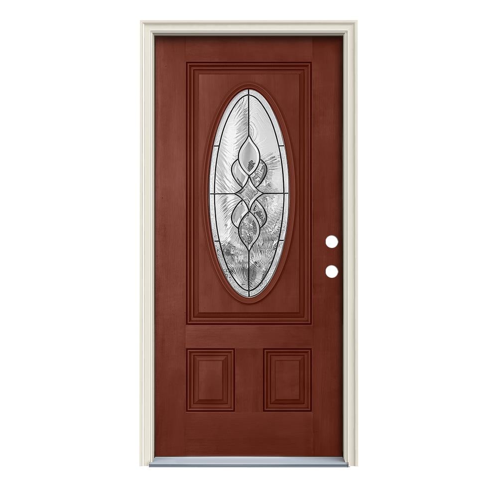 JELD-WEN Hampton 36-in x 80-in Fiberglass Oval Lite Left-Hand Inswing Black  Cherry Stained Prehung Single Front Door with Brickmould Insulating Core in  the Front Doors department at