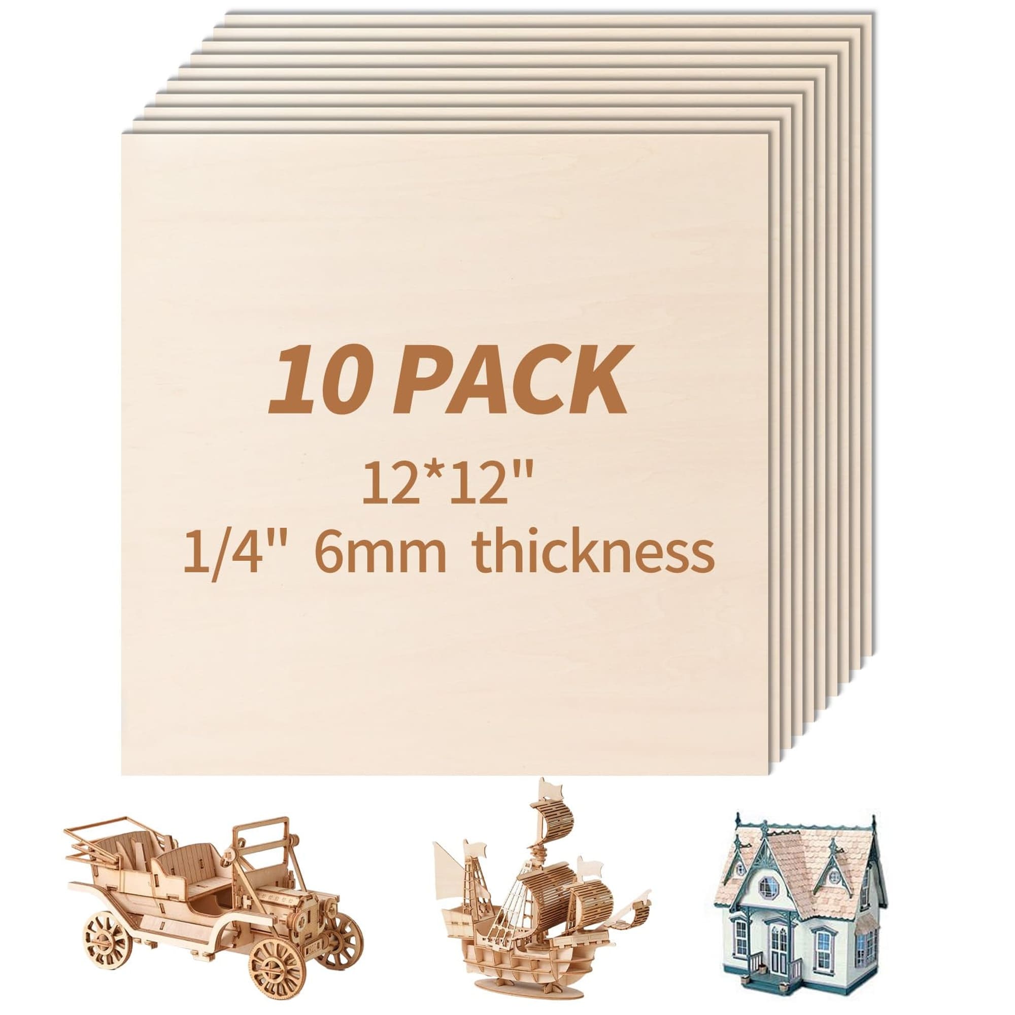 Angel Sar 10 Pack 12x12x1/4 Inch Basswood Sheets 6mm Unfinished Plywood for DIY Projects Laser Engraving Wood Burning Staining Model Making