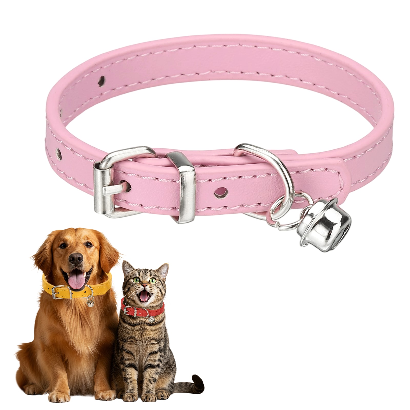 Unique Bargains Dog Collar with Bell Pu Leather Cat Collars Pet Basic Soft Padded Adjustable Buckle 10inch (Pink 1pc) Intended for Teacup / Little Dog / Kitten Cats / Small Animals