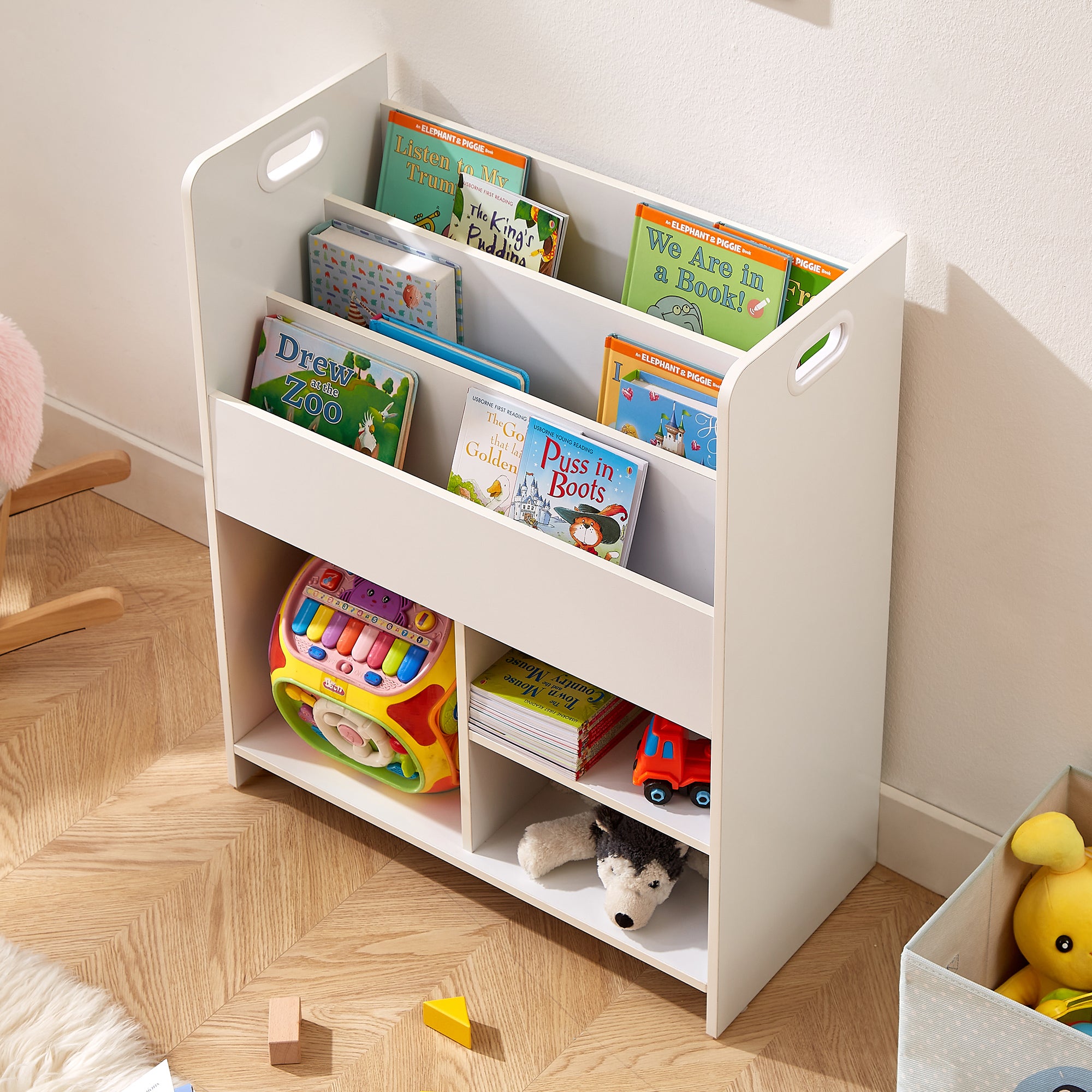 Vecelo LOE-B15-WHT 2 in 1 Kids Bookshelf Children Sling Bookcase with Shelves and Different Size Cubes Wooden Toy Storage Cabinet Organizer for Kids Room Bedroom Nursery