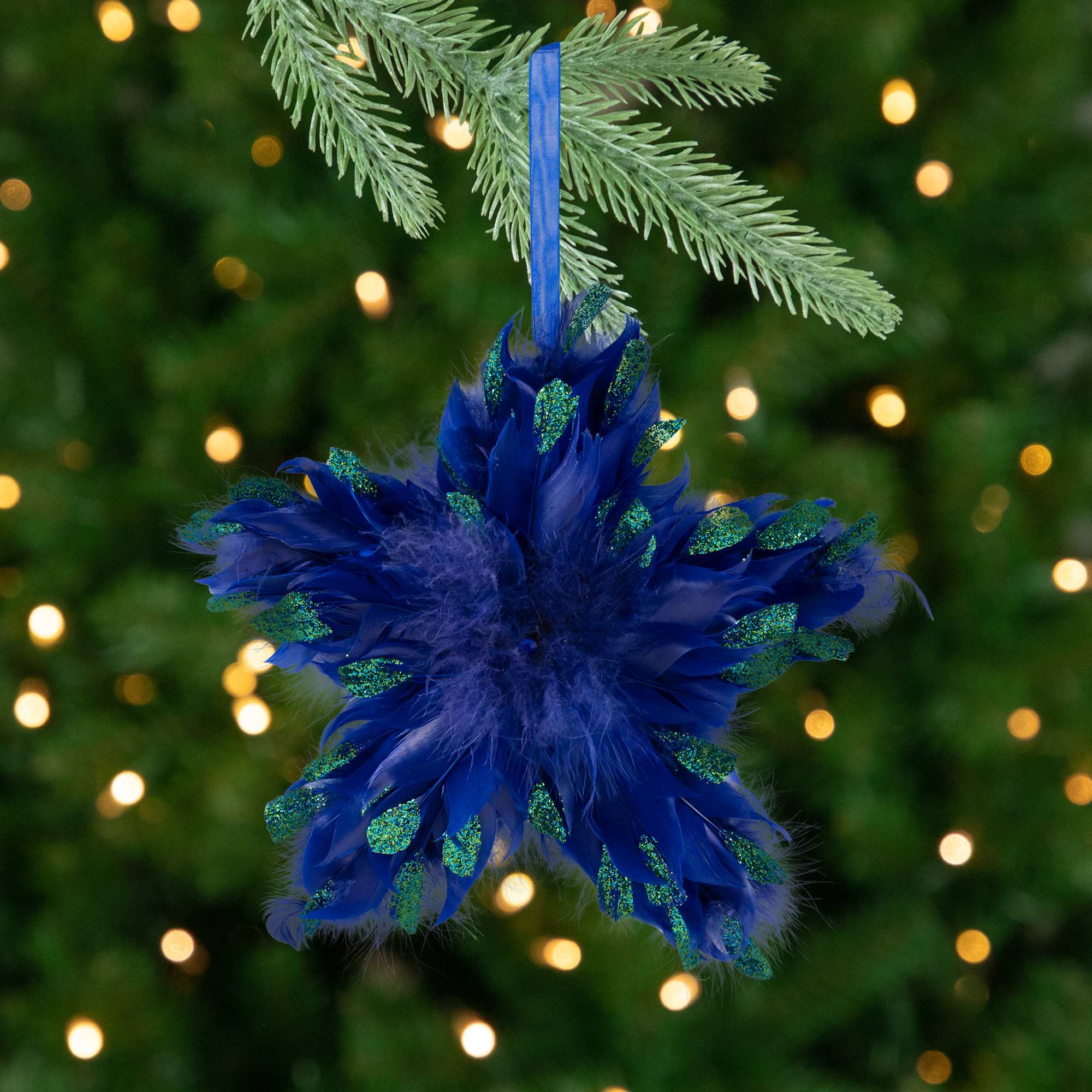 Northlight Plush Glittery Peacock Feather Star Shaped Christmas Ornament - 9 inch - Blue