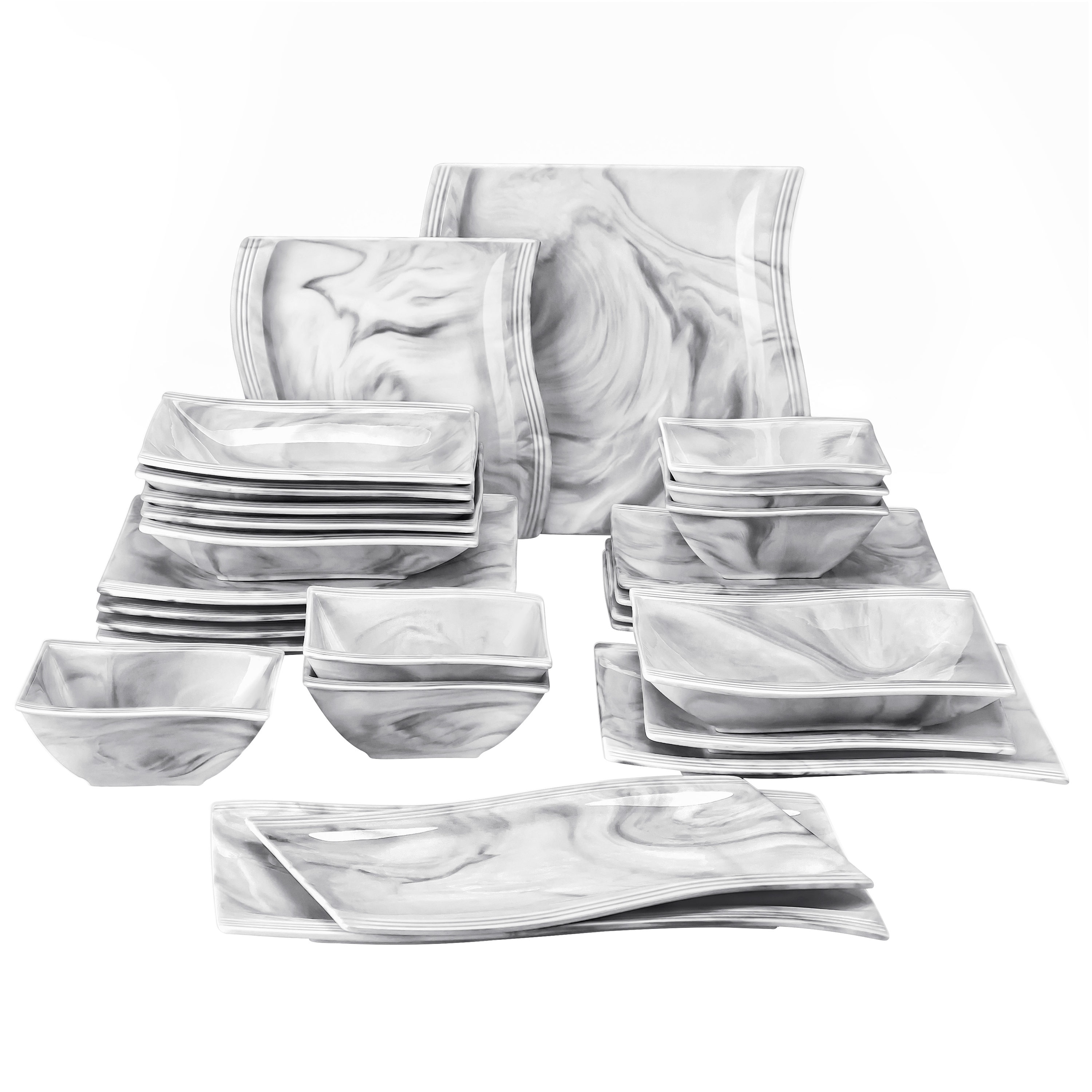 Flora 26-Piece Marble Gray Porcelain Dinnerware Set with Dinner,Soup ,Dessert