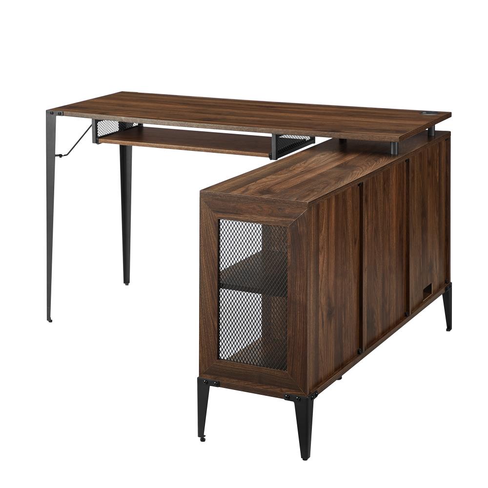 Dark Brown L Shaped Home Office Desk with Keyboard Tray