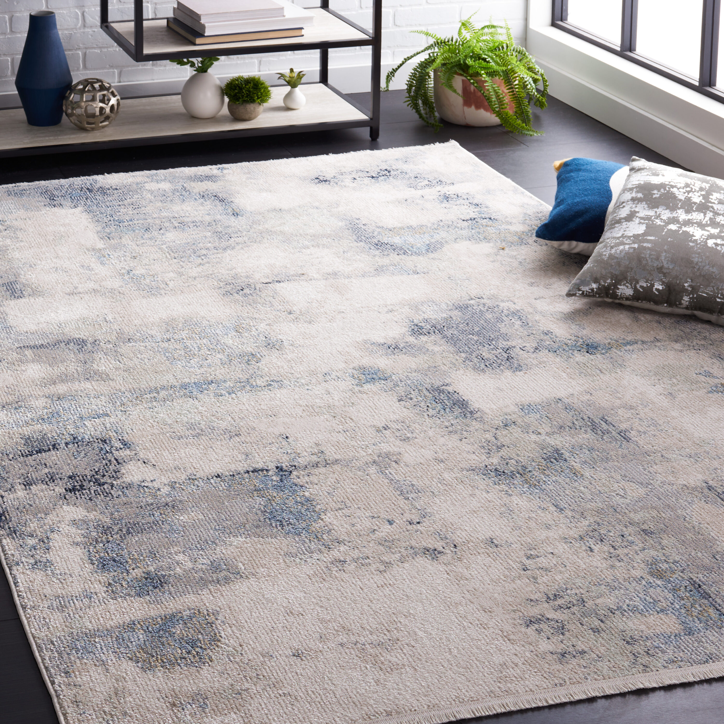 Modern Blue and Gray Synthetic Square Washable Area Rug