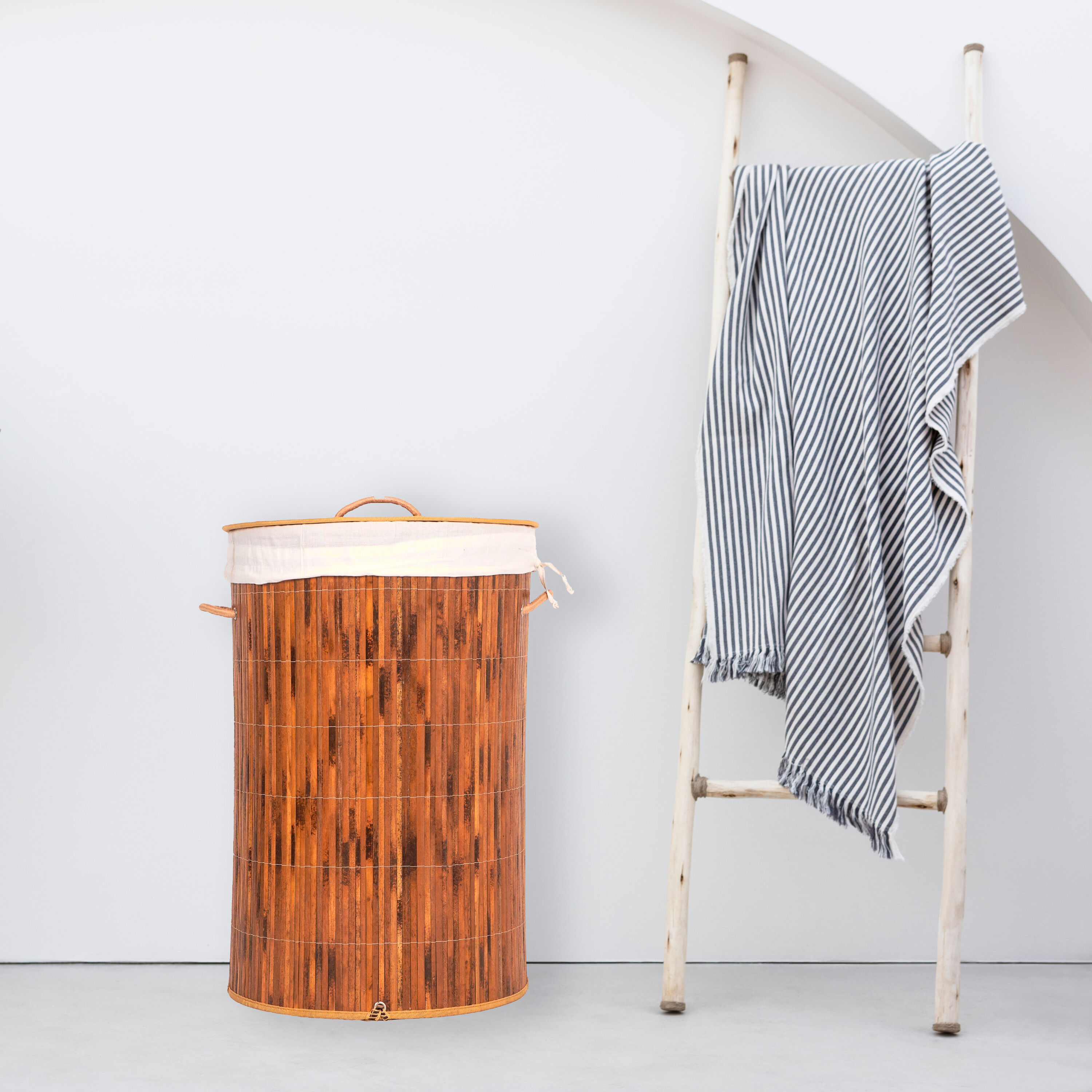 Round Bamboo Collapsible Laundry Hamper with Lid and Handles